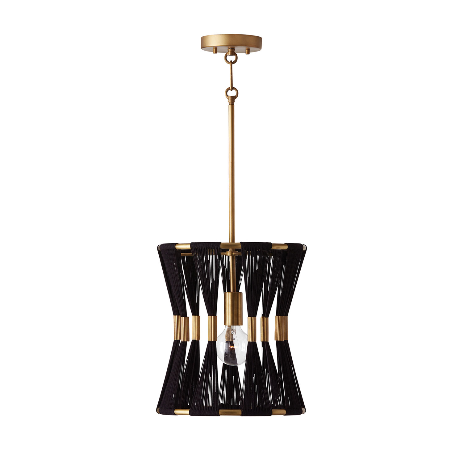 12" W x 14" H 1-Light Pendant in Black Rope and Patinaed Brass - P" Pleat Gathered String Tapered