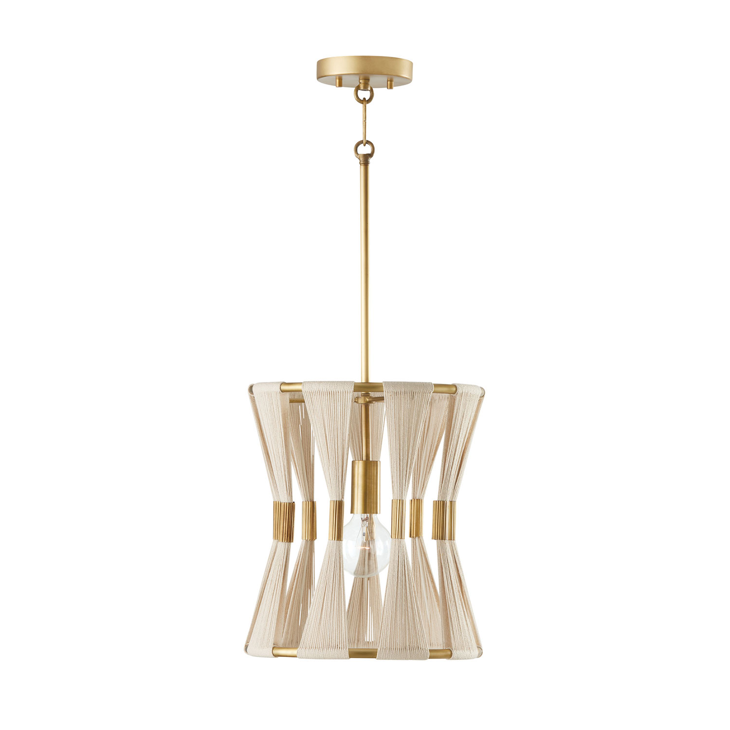 12" W x 14" H 1-Light Pendant in Bleached Natural Rope and Patinaed Brass - P" Pleat Gathered String Tapered