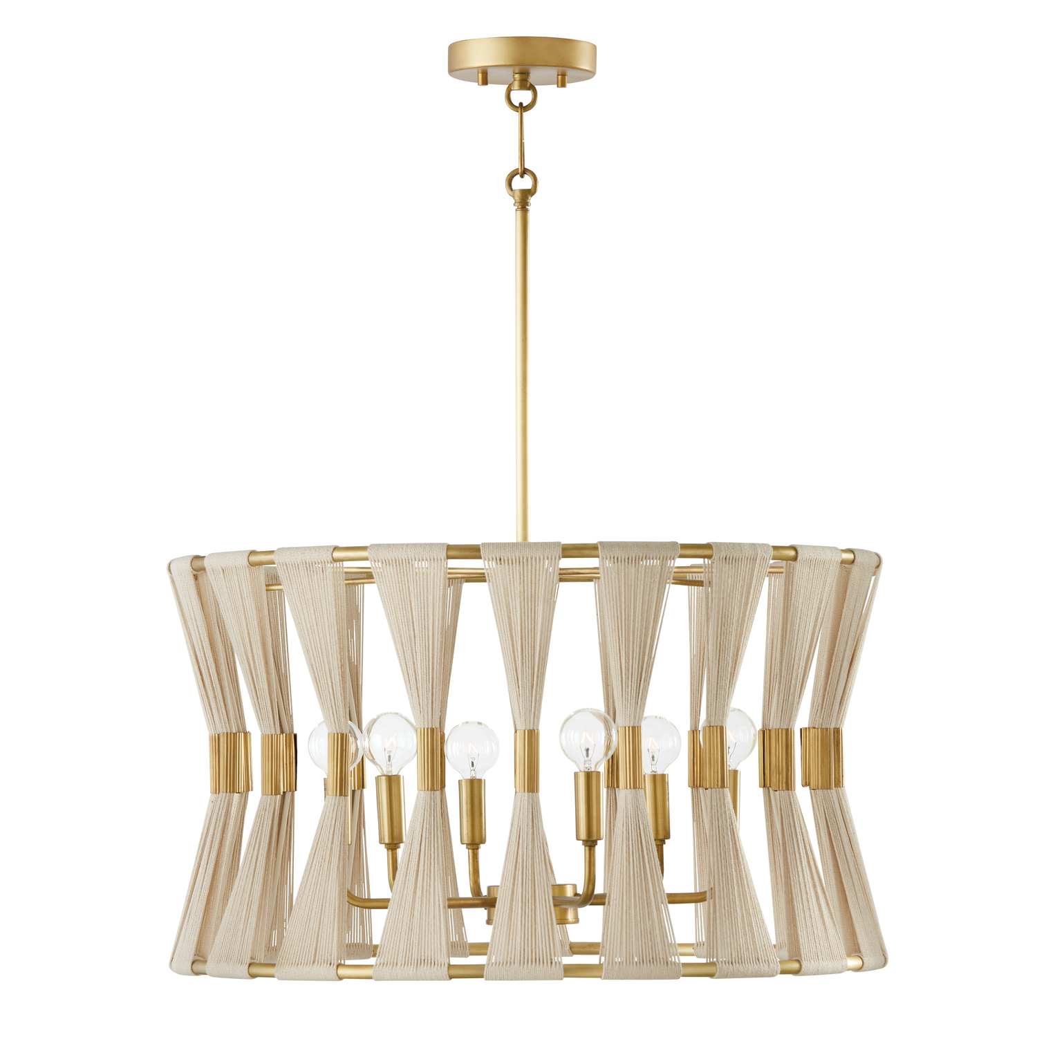 24.5" W x 14" H 6-Light Pendant in Bleached Natural Rope and Patinaed Brass - P" Pleat Gathered String Tapered