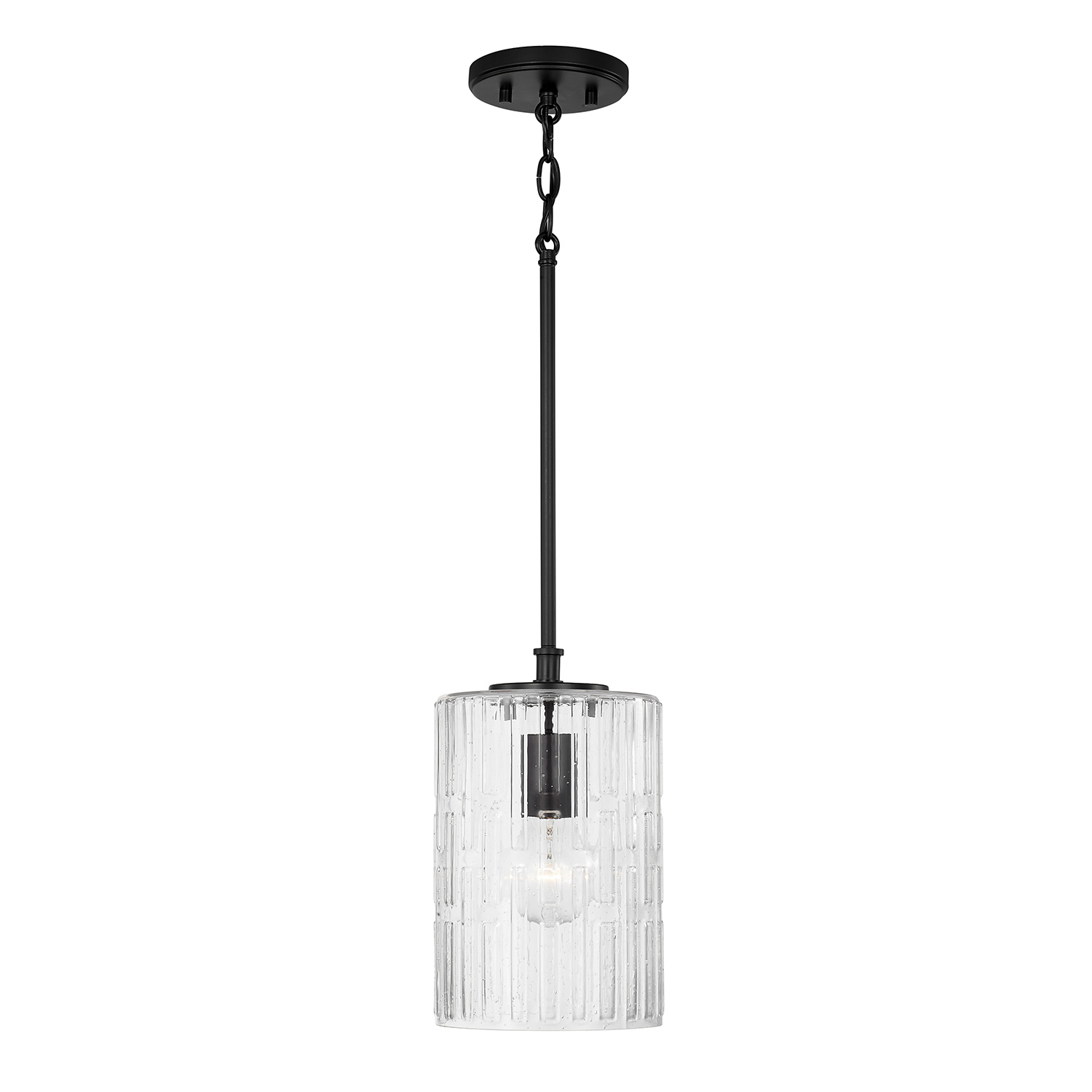 7" W x 11.5" H 1-Light Pendant in Matte Black with Embossed Seeded Glass