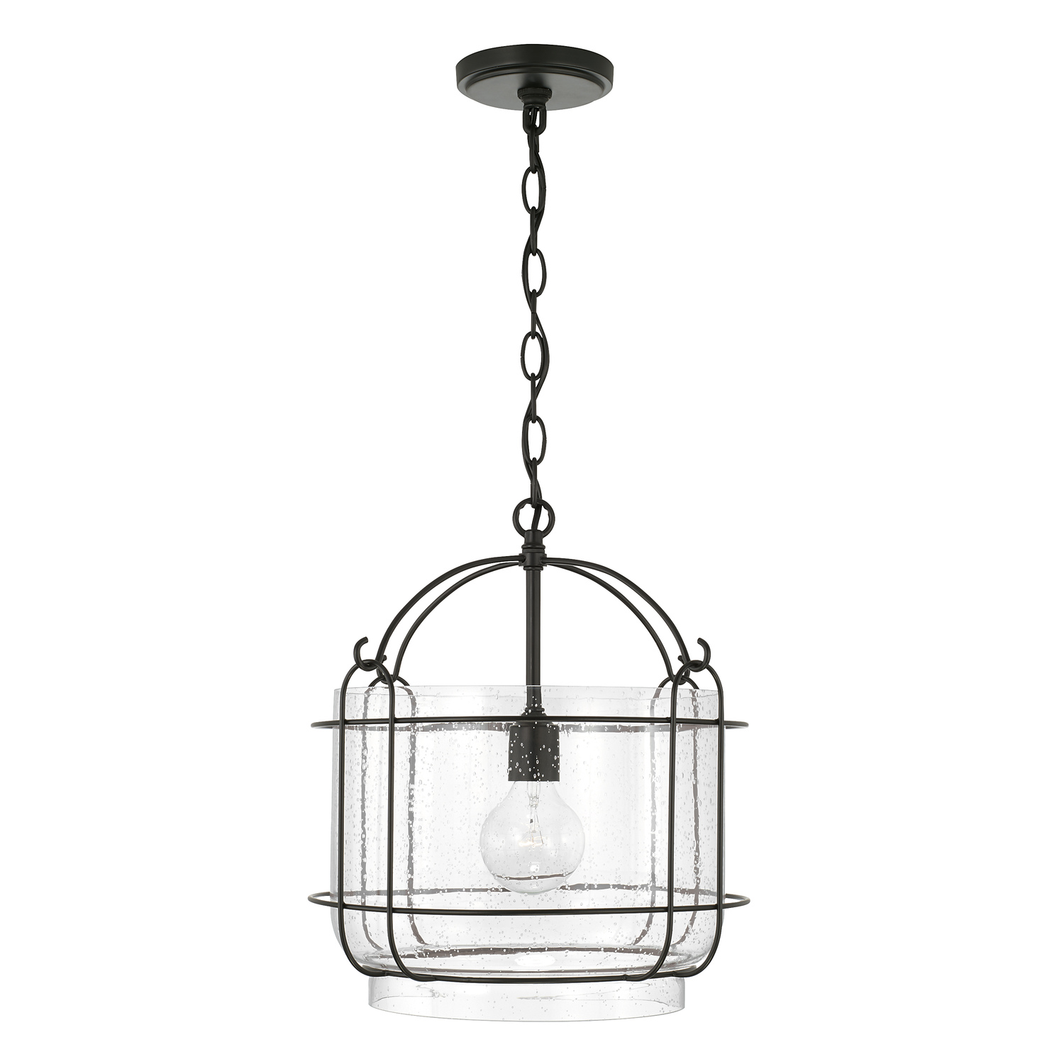 14" W x 15" H 1-Light Pendant in Matte Black with Clear Seeded Glass and Outer Cage