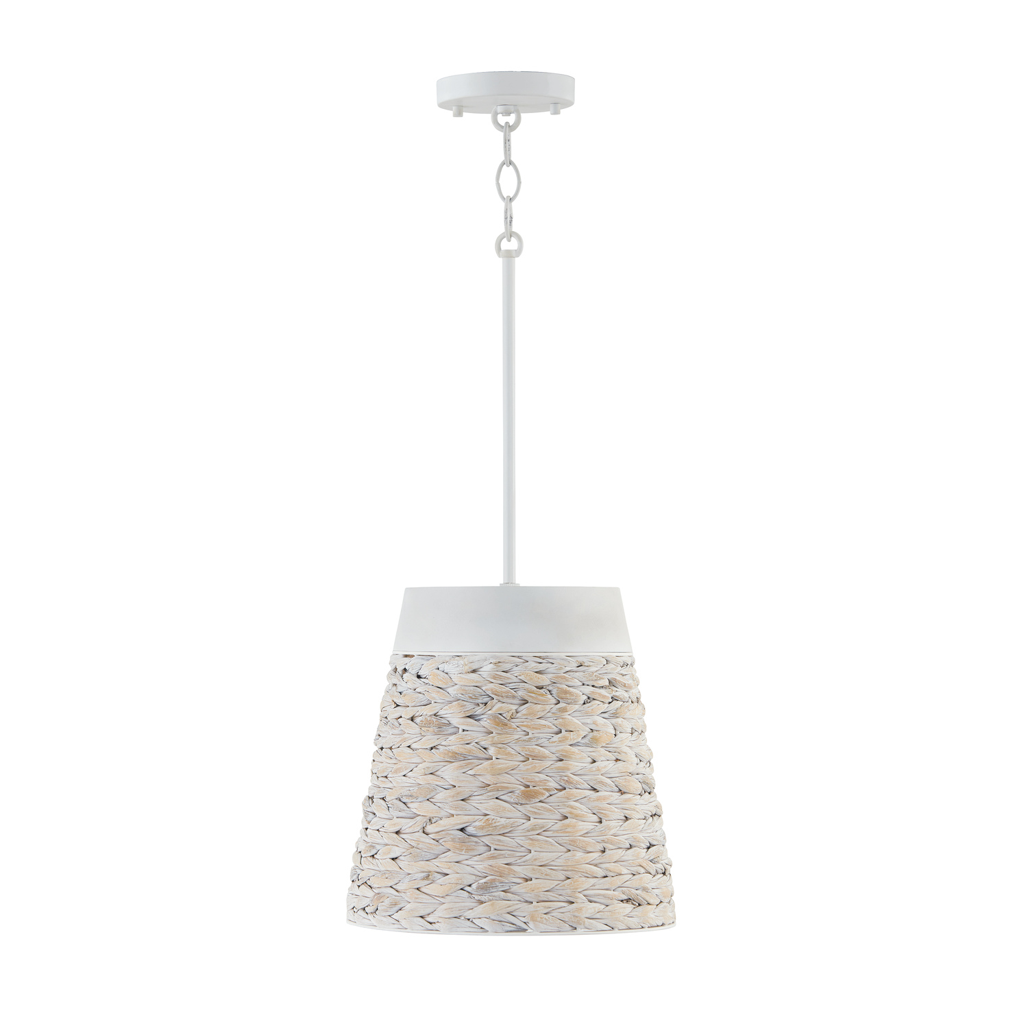 12" W x 12" H 1-Light Small Pendant in White Chalk Wash made with Handcrafted Mango Wood and Water Hyacinth