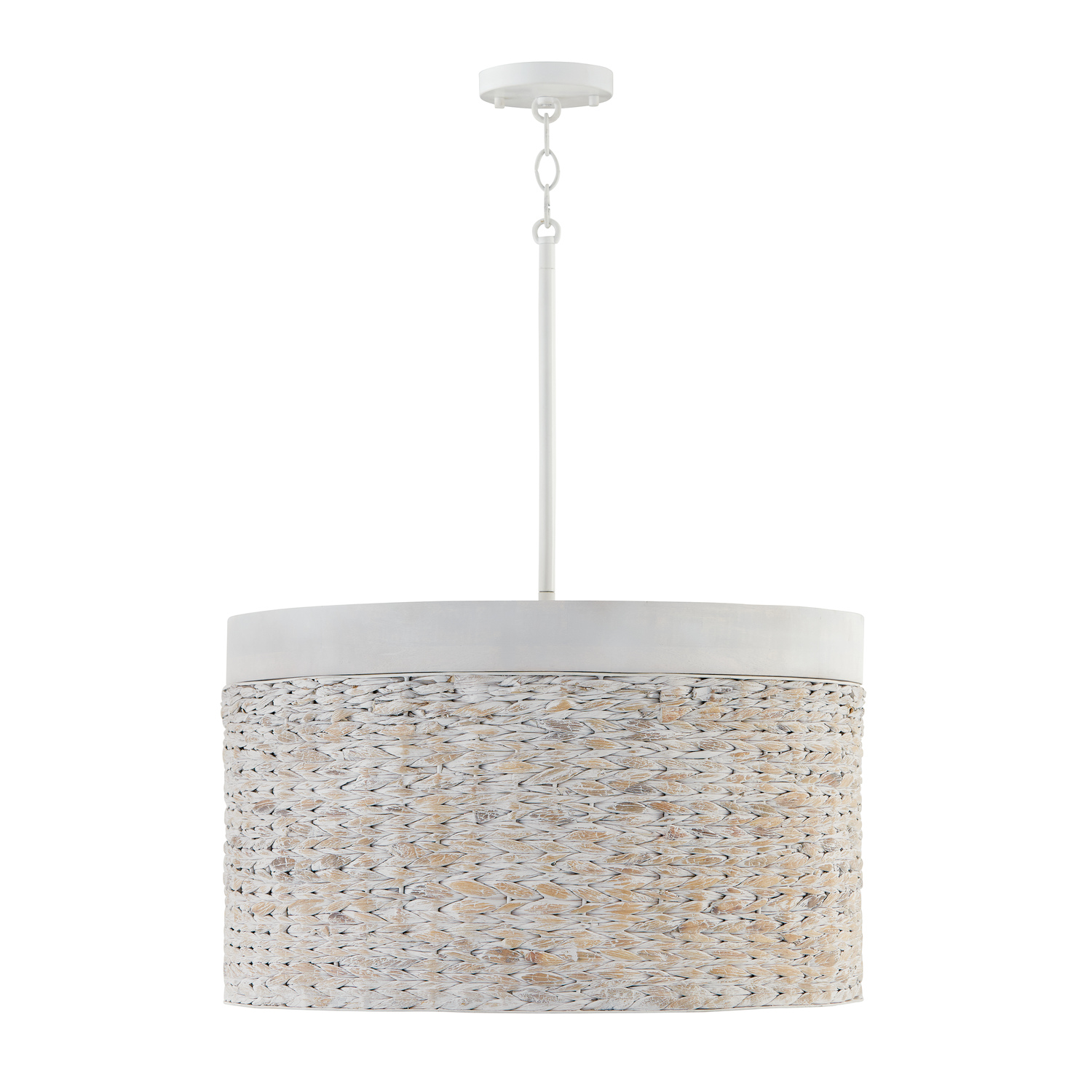 24" W x 14" H 4-Light Drum Pendant in White Chalk Wash made with Handcrafted Mango Wood and Water Hyacinth