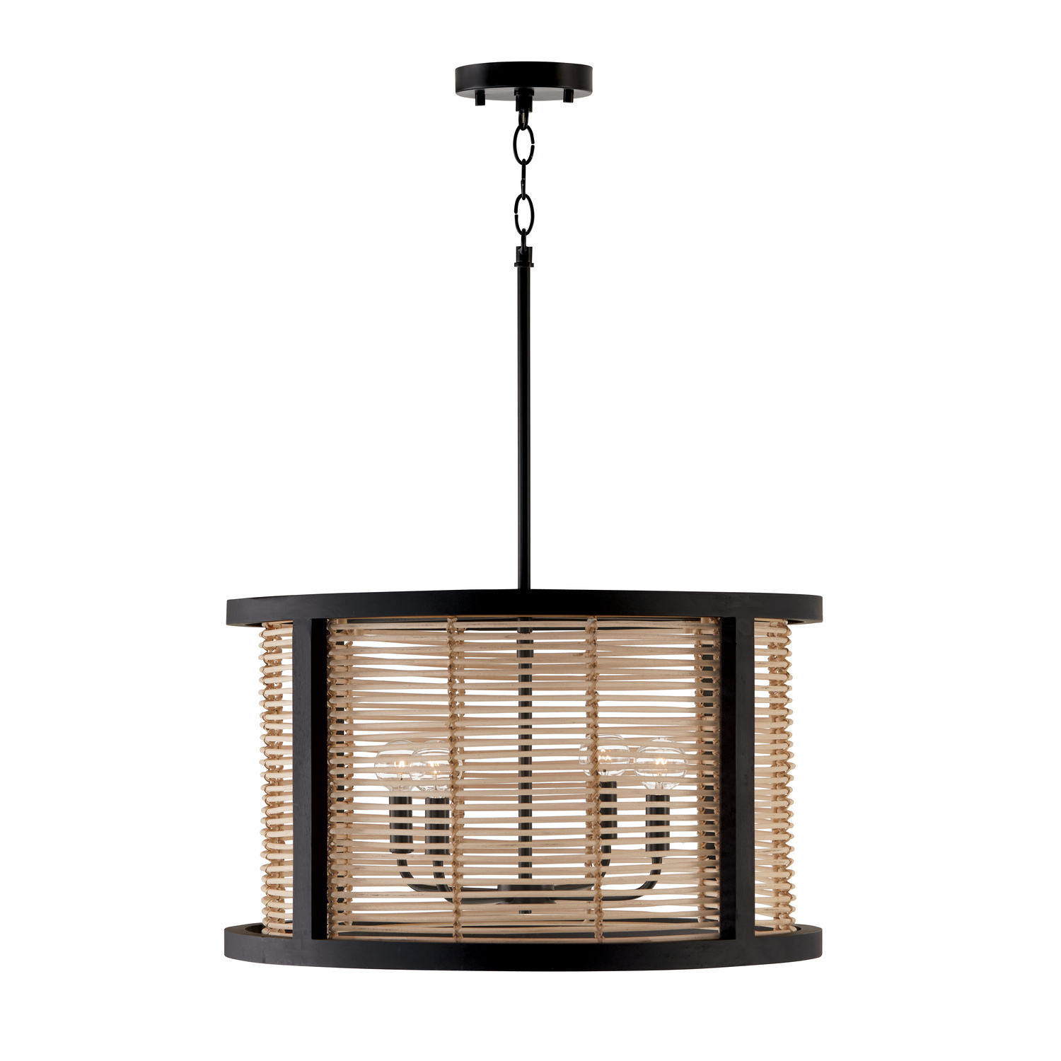 22" W x 13" H 4-Light Pendant in Flat Black made with Handcrafted Mango Wood and Rattan