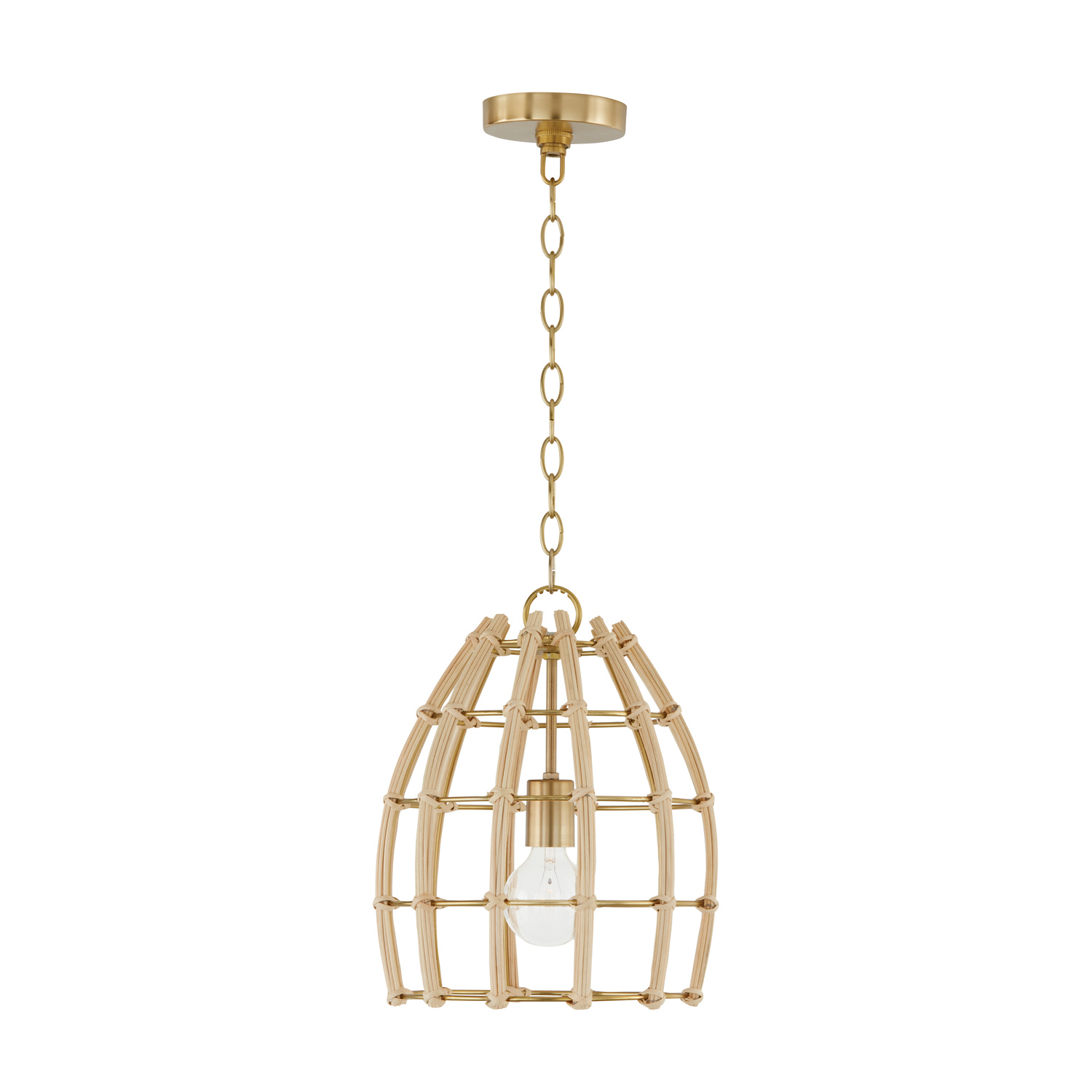 12" W x 14.5" H 1-Light Small Pendant in Matte Brass made with Handcrafted Rattan