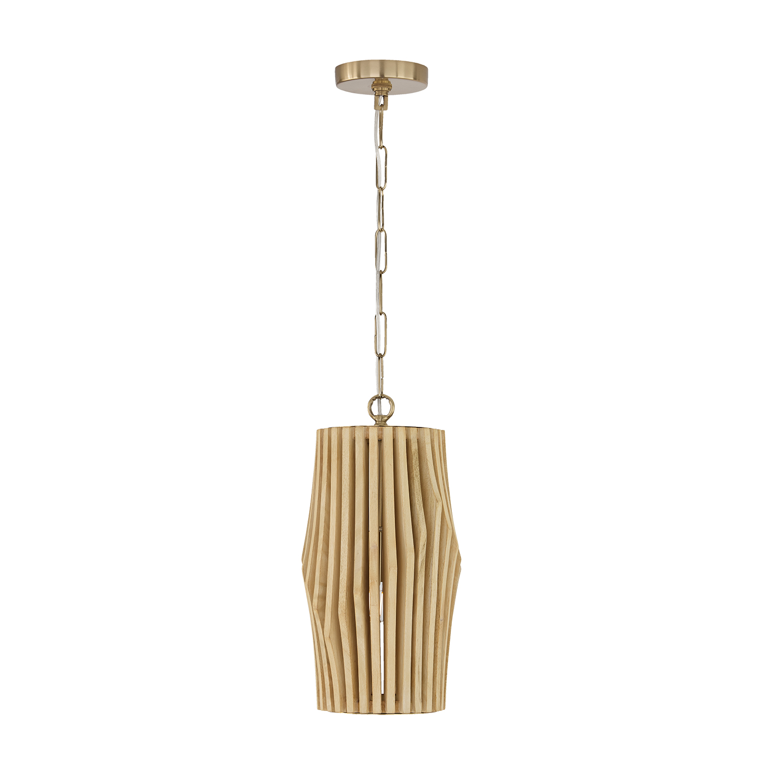8.75" W x 17.25" H 1-Light Pendant in Matte Brass and Handcrafted Blonde Mango Wood