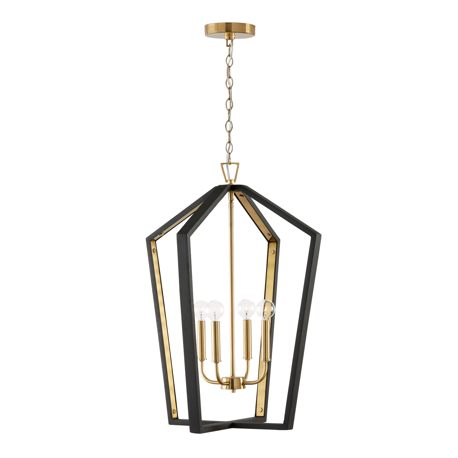 20" W x 27" H 4-Light Pendant in Flat Black and Matte Brass made with Handcrafted Mango Wood