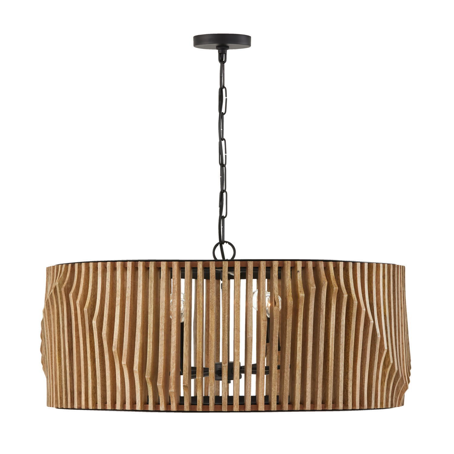 32.25"W x 14.5"H 6-Light Pendant Handcrafted of Light-Stained Wood and Matte Black Frame
