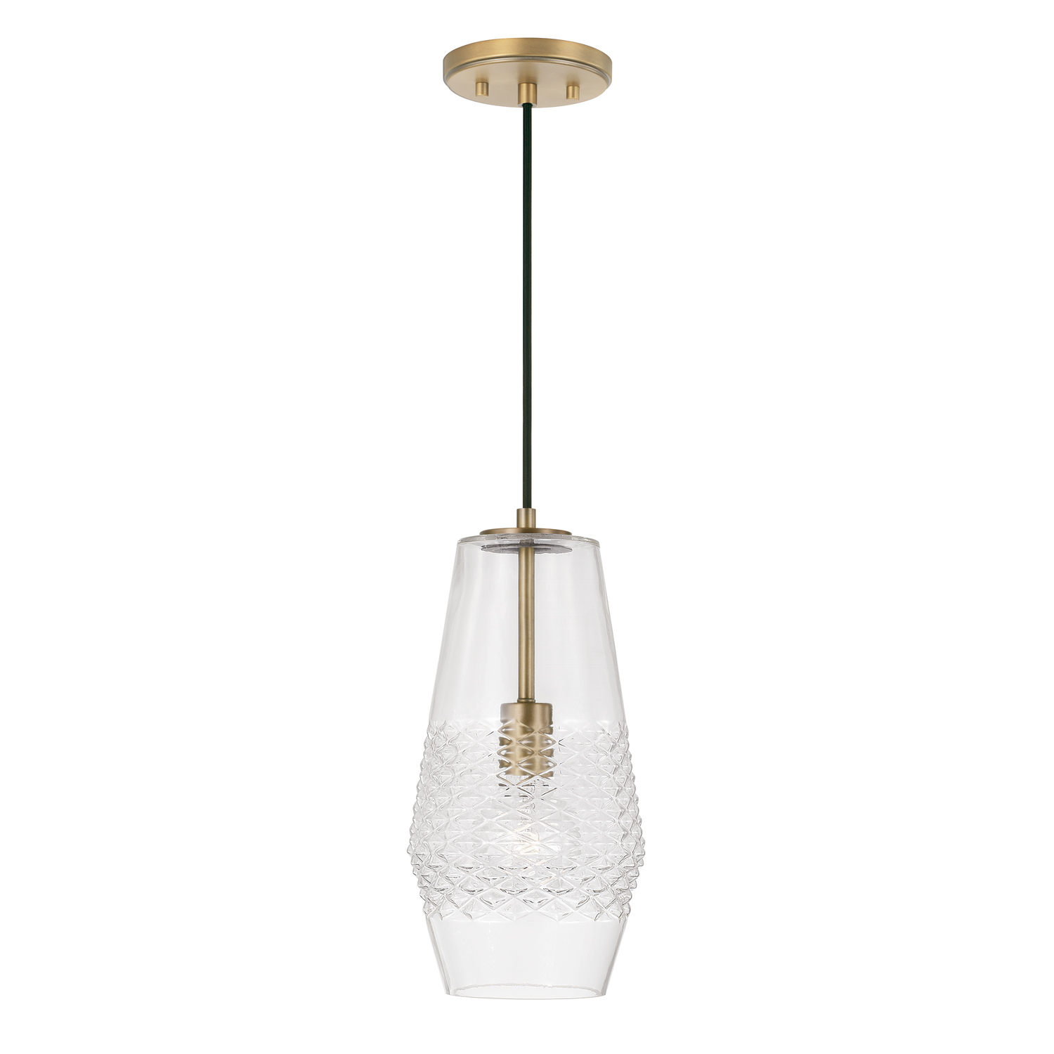 7" W x 14" H 1-Light Pendant in Aged Brass with Diamond Embossed Glass and Black Braided Cord