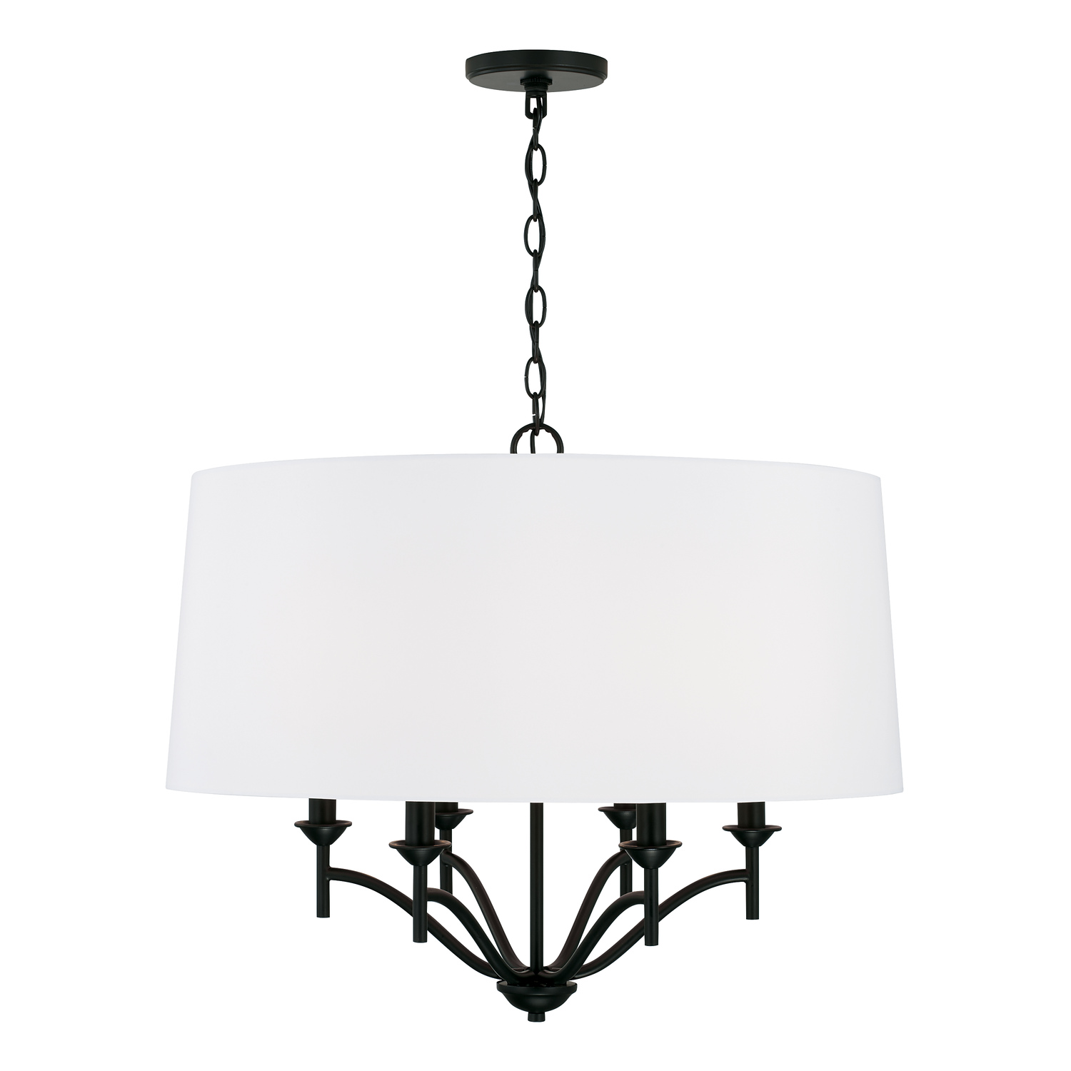 26" W x 21" H 6-Light Drum Pendant Chandelier in Matte Black with White Fabric Shade