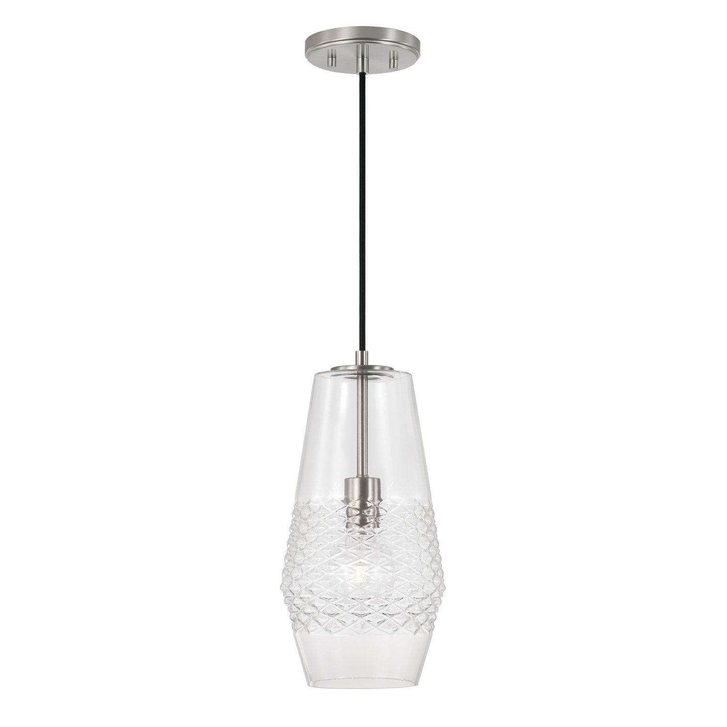 7" W x 14" H 1-Light Pendant in Brushed Nickel with Diamond Embossed Glass and Black Braided Cord