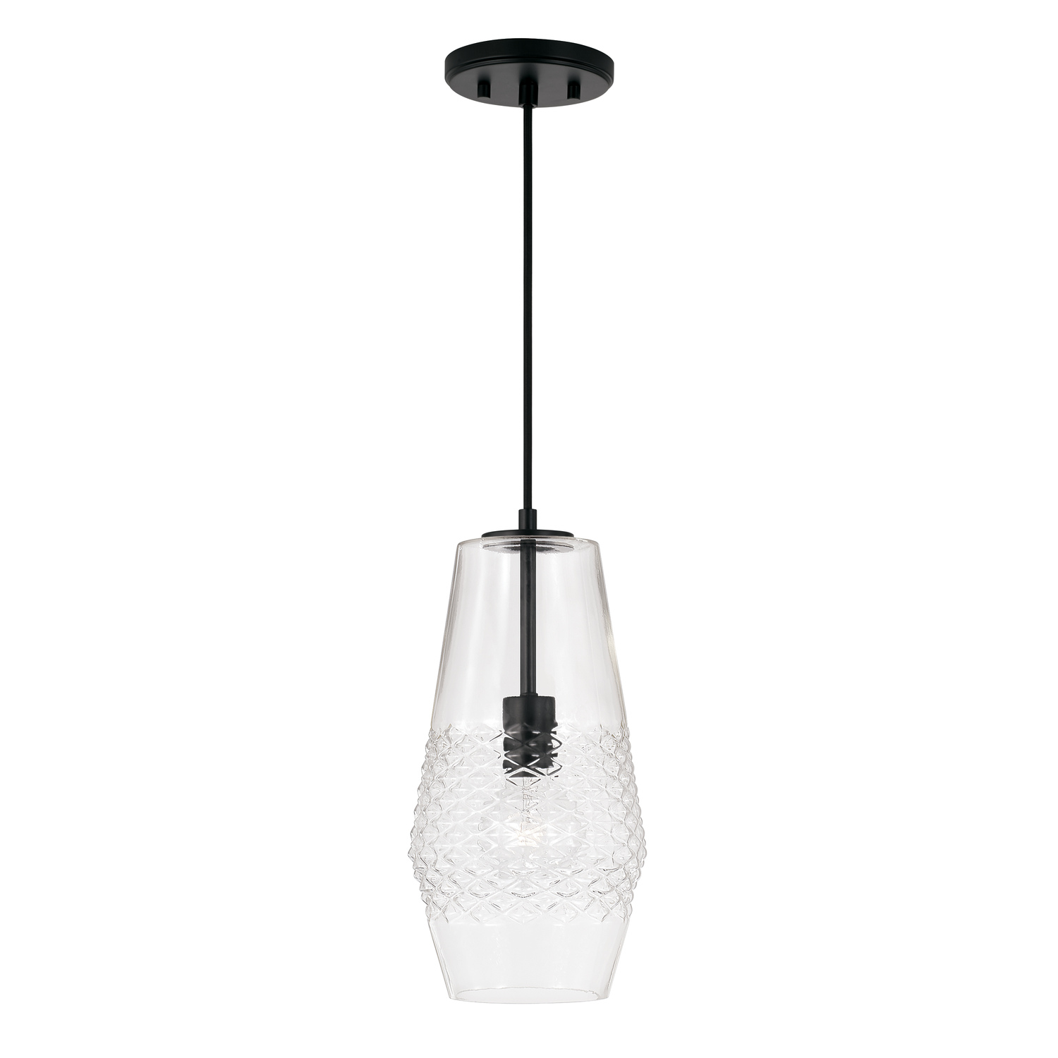 7" W x 14" H 1-Light Pendant in Matte Black with Diamond Embossed Glass and Black Braided Cord