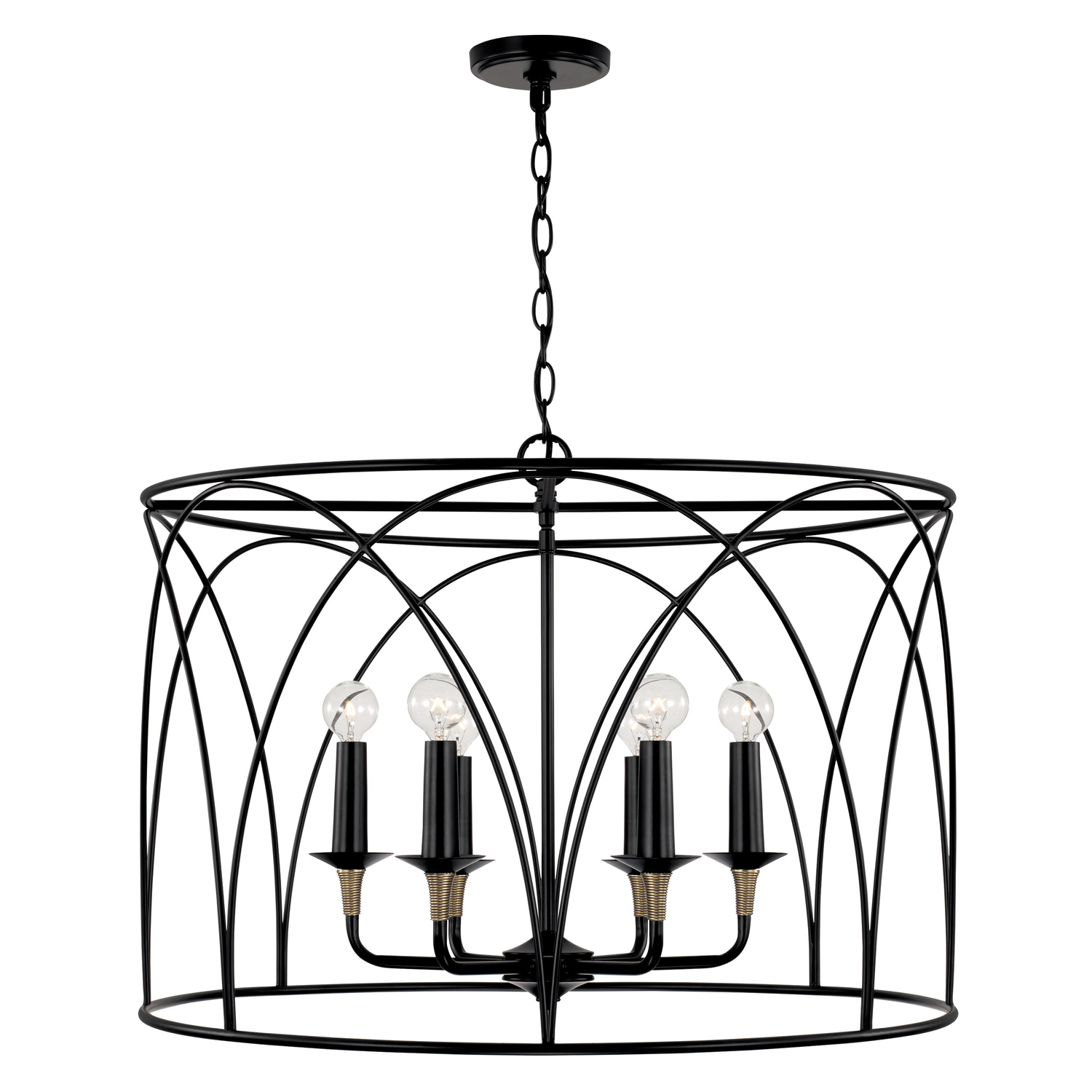 28" W x 20.5" H 6-Light Drum Pendant in Matte Black with Brass Wrapped Detail