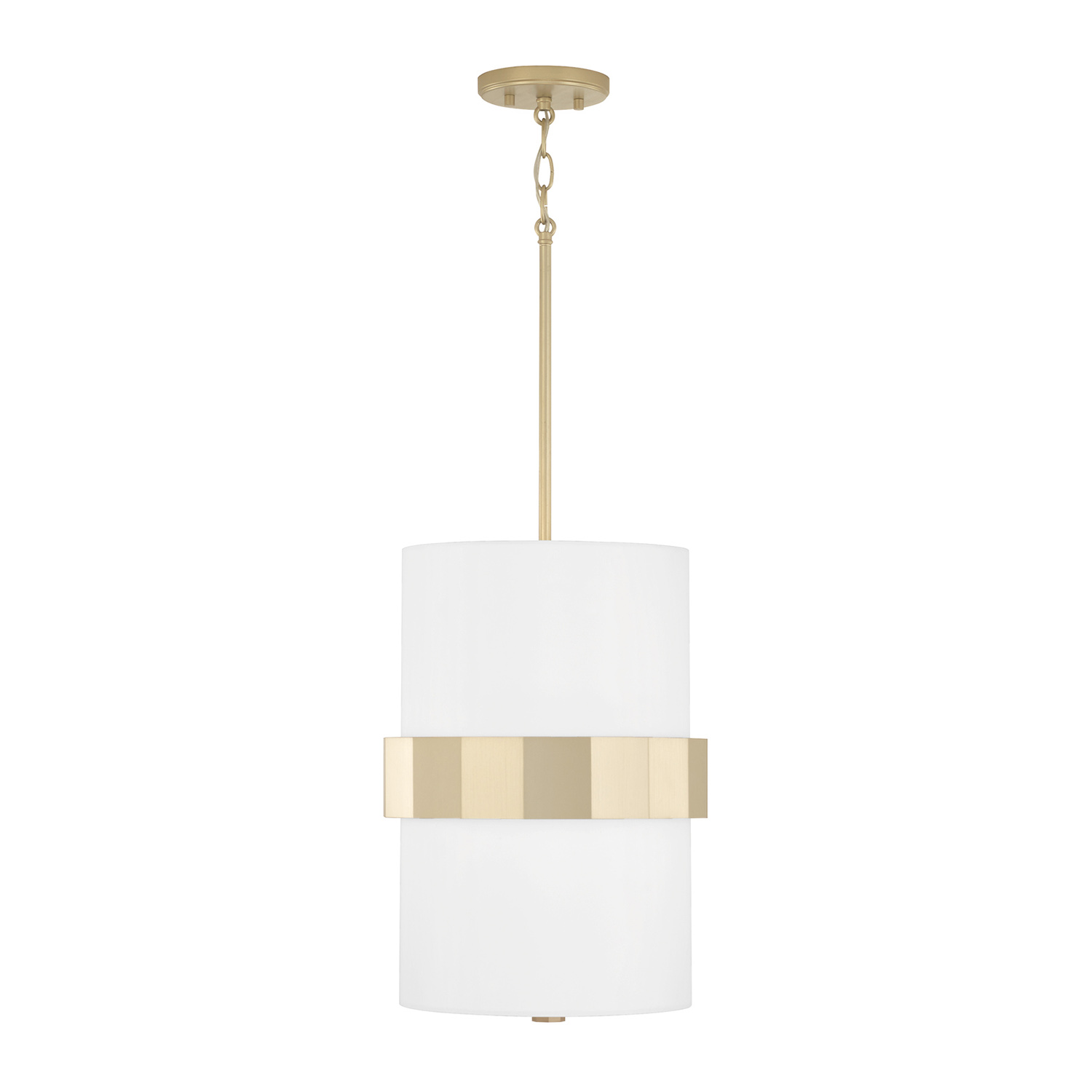 12" W x 18" H 2-Light Drum Pendant in Soft Gold with White Fabric Shade and Frosted Glass Diffuser