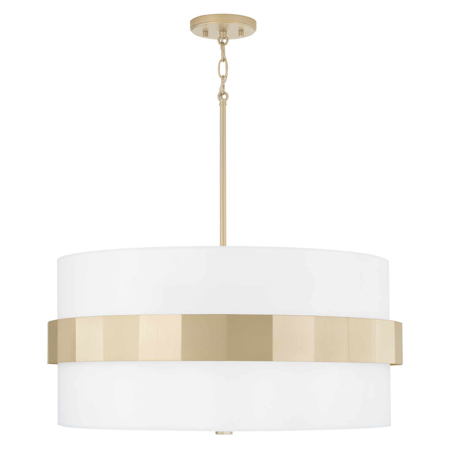 26" W x 13.5" H 4-Light Drum Pendant in Soft Gold with White Fabric Shade and Frosted Glass Diffuser