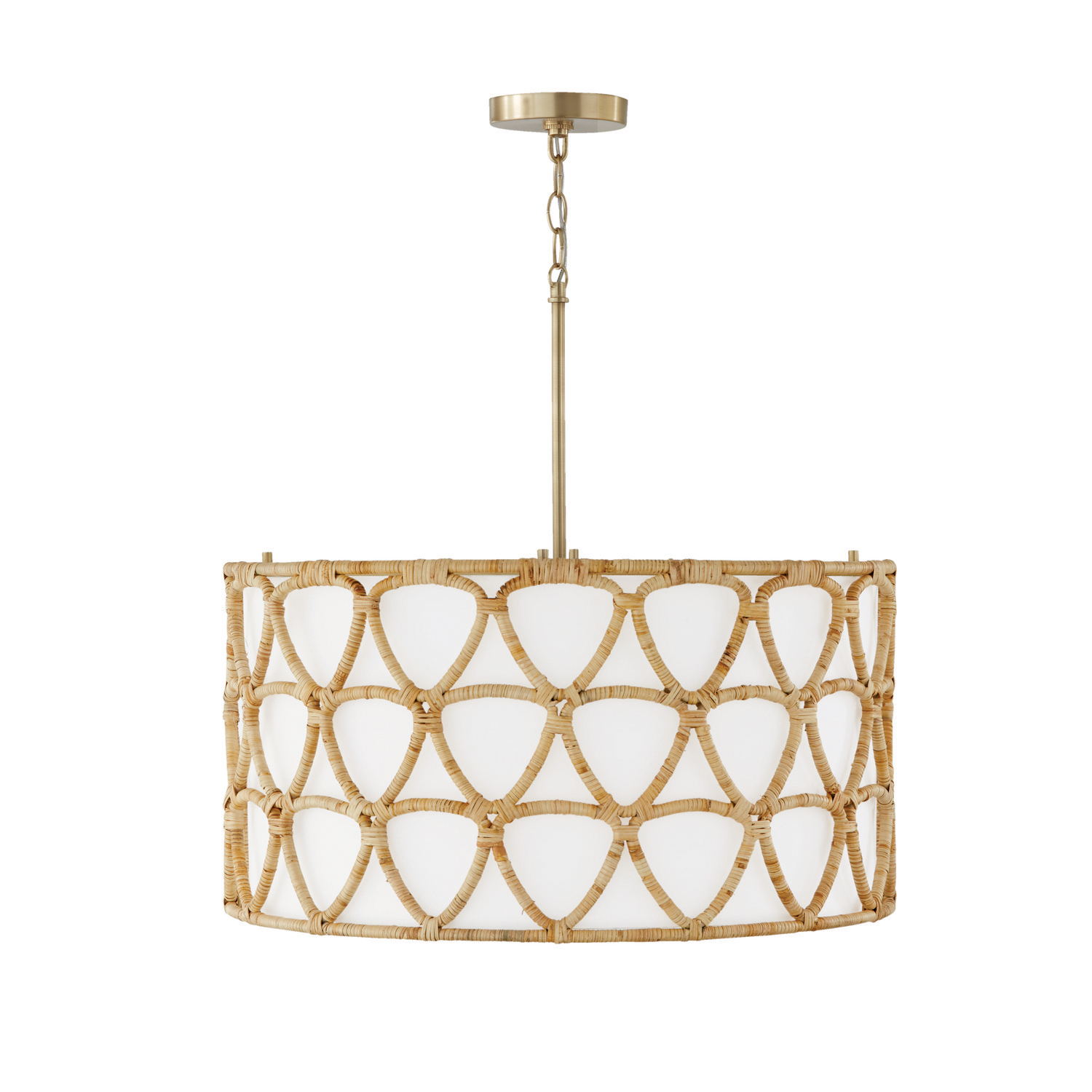 24.5"W x 24"H 4-Light Pendant in Matte Brass with White Fabric Shade and Hand-Wrapped Natural Rattan