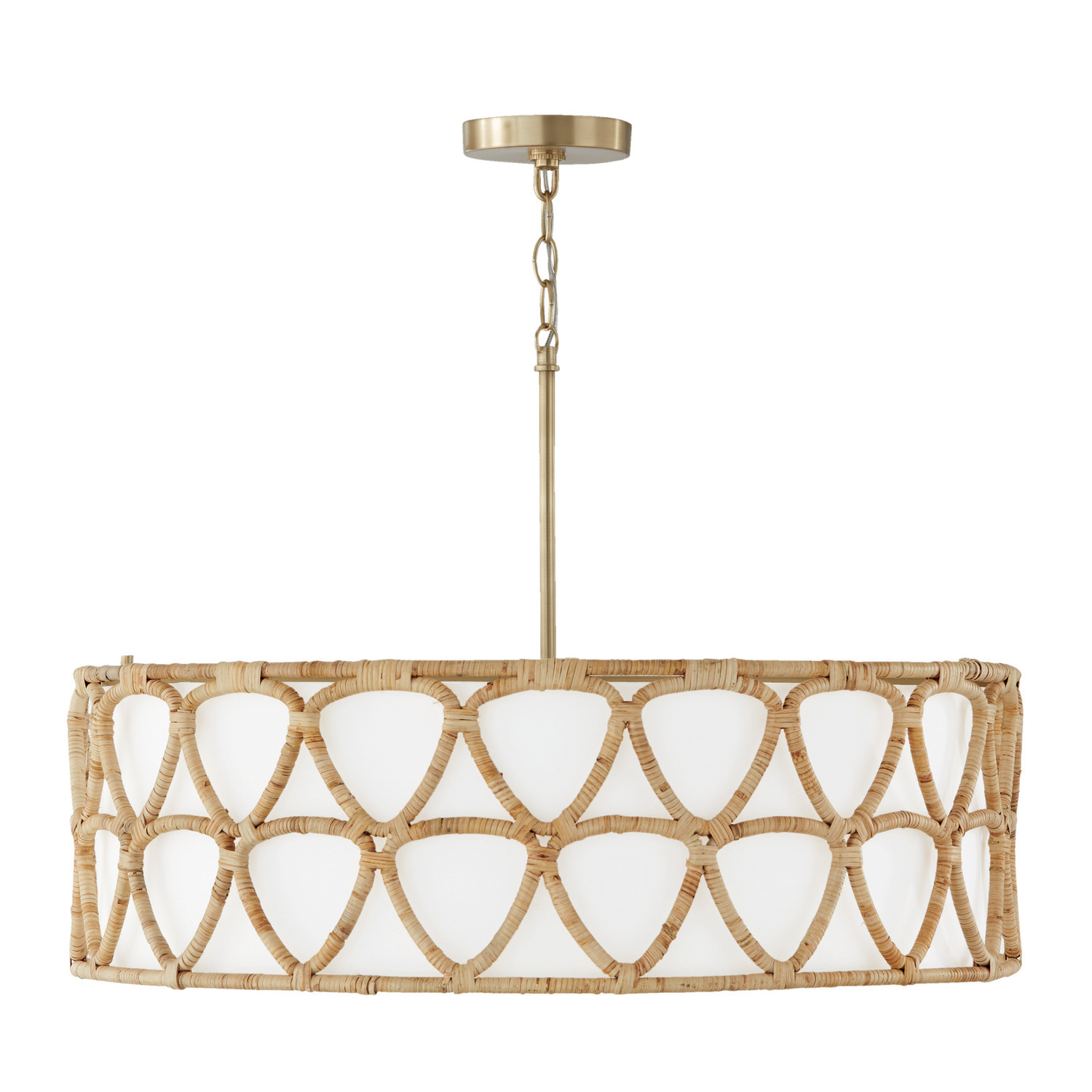 28"W x 19.5"H 4-Light Wide Pendant in Matte Brass with White Fabric Shade and Hand-Wrapped Natural Rattan