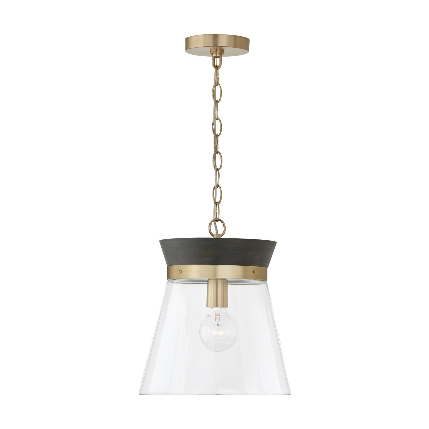12"W x 14"H 1-Light Pendant in Black Stain Wood and Matte Brass with Clear Glass