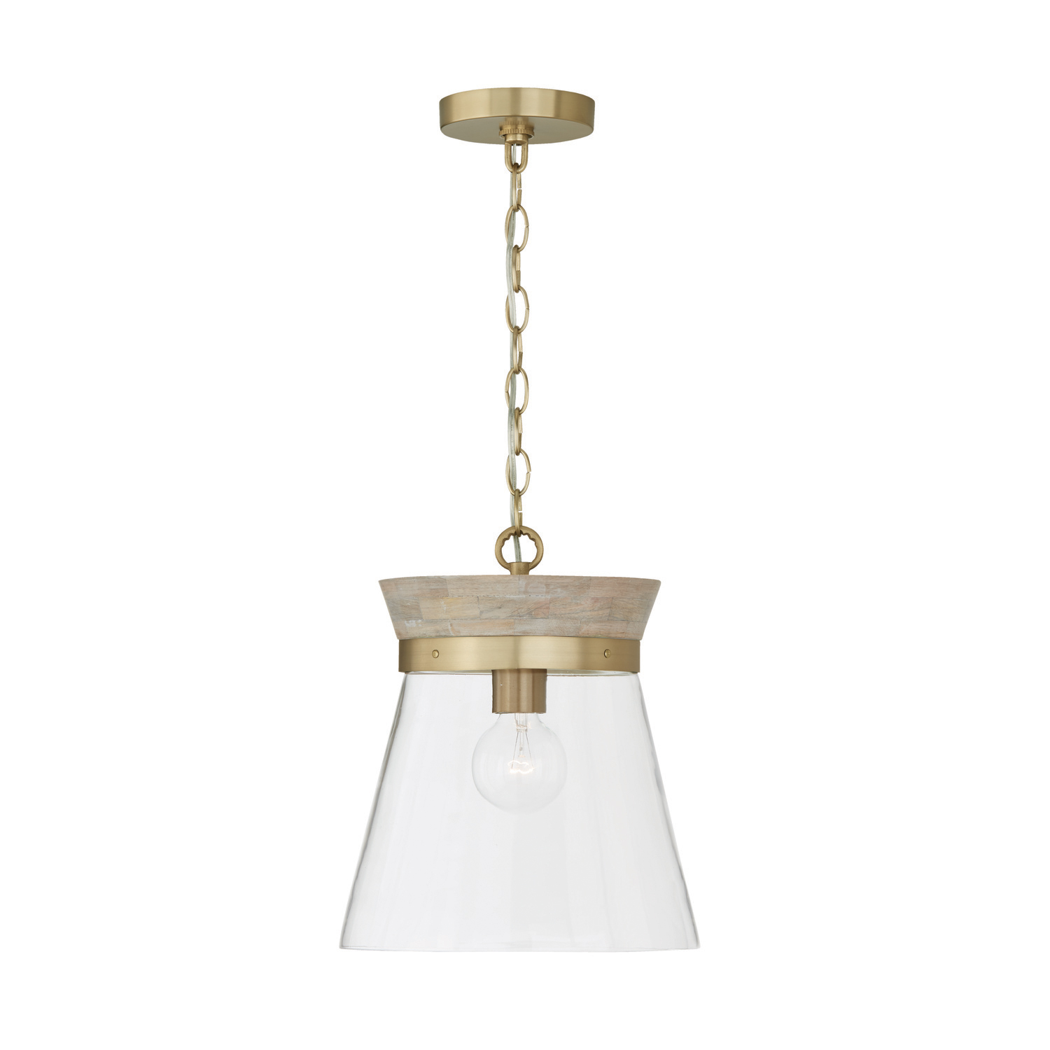 12"W x 14"H 1-Light Pendant in White Wash Wood and Matte Brass with Clear Glass
