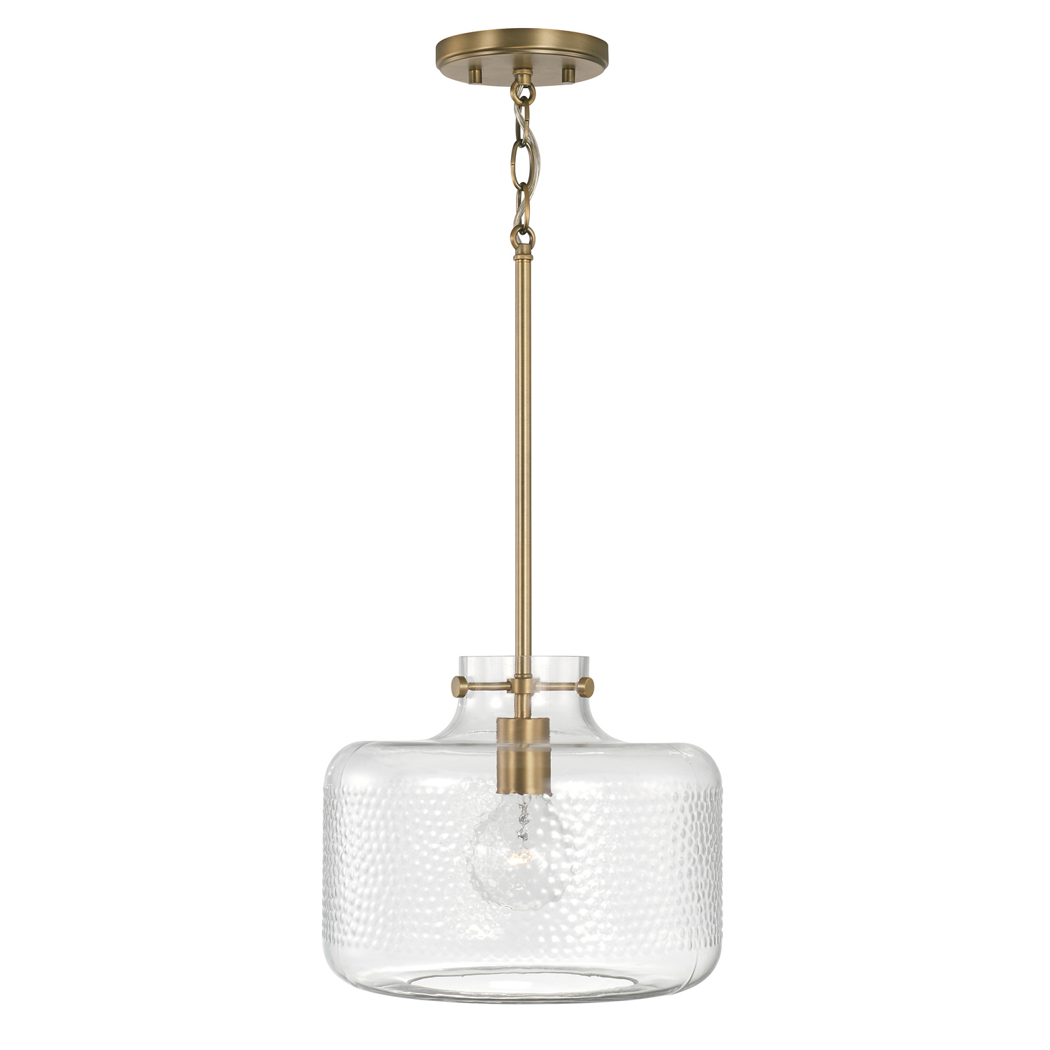 11.5" W x 10" H 1-Light Pendant in Aged Brass with Clear Pebbled Glass