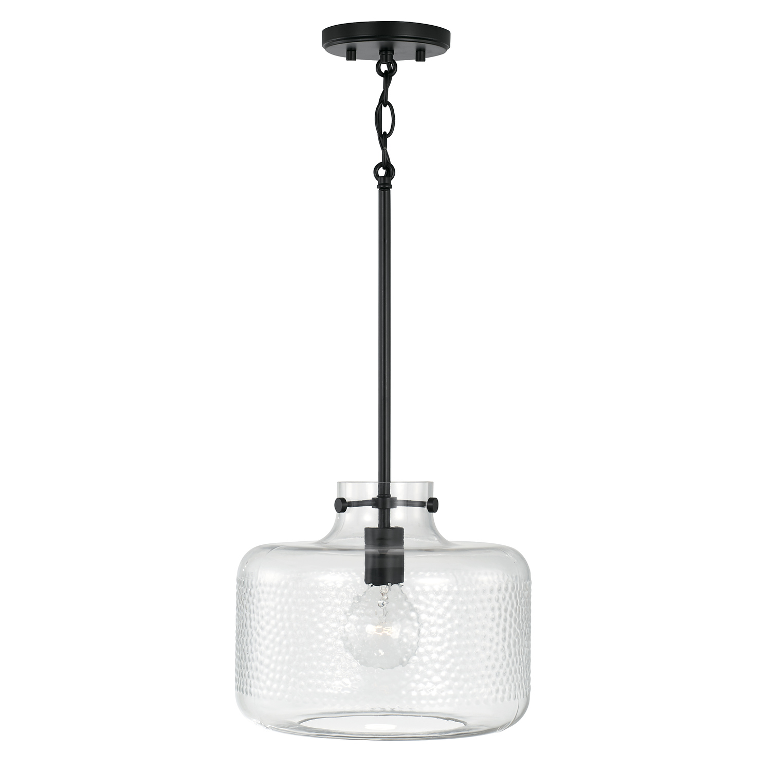 11.5" W x 10" H 1-Light Pendant in Matte Black with Clear Pebbled Glass