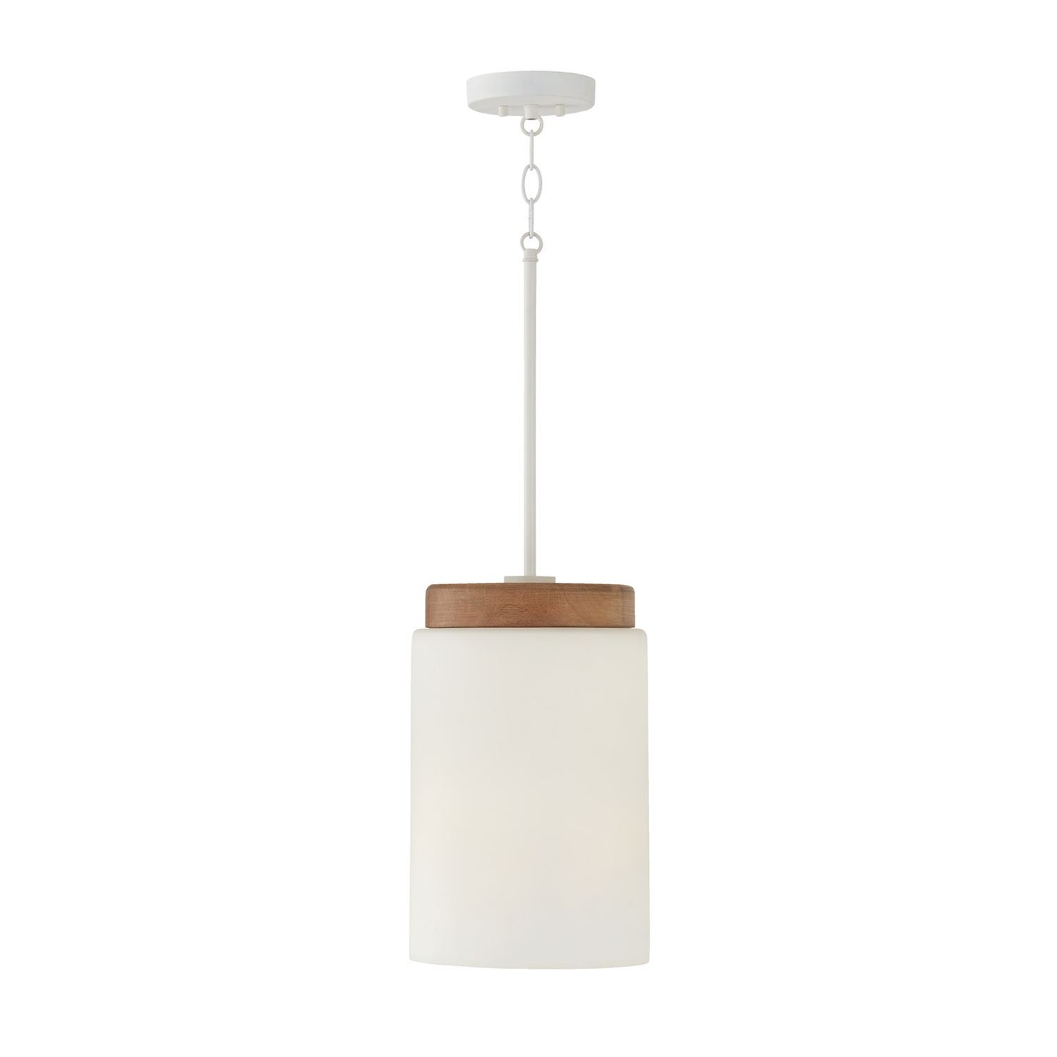 9.25"W x 14.75"H 1-Light Cylindrical Pendant in White with Mango Wood and Soft White Glass