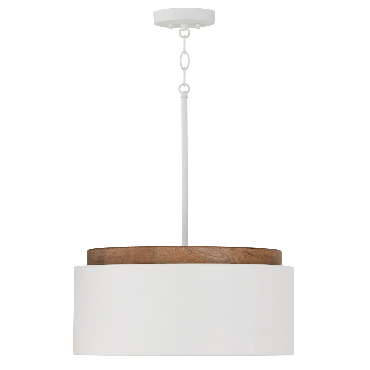 18"W x 8.75"H 1-Light Drum Pendant in White with Mango Wood and Matte White Metal Shade with Soft White Glass Globe