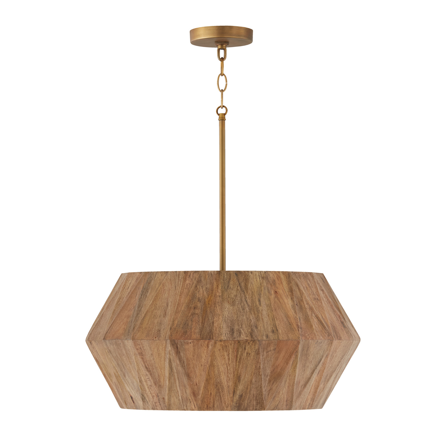 22"W x 10.75"H 4-Light Pendant in Hand-distressed Patinaed Brass and Handcrafted Mango Wood