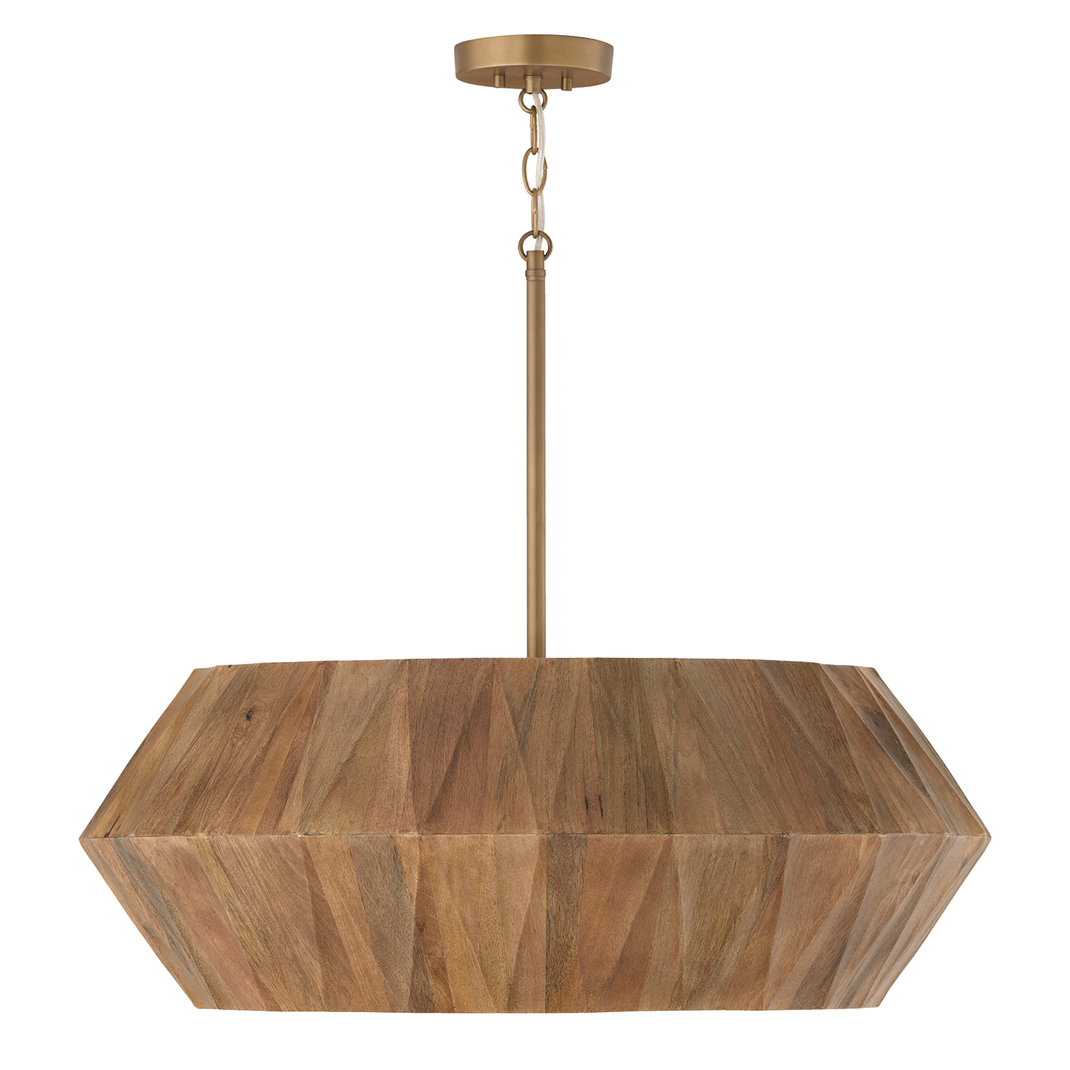 29" W x 11" H 6-Light Pendant in Hand-distressed Patinaed Brass and Handcrafted Mango Wood