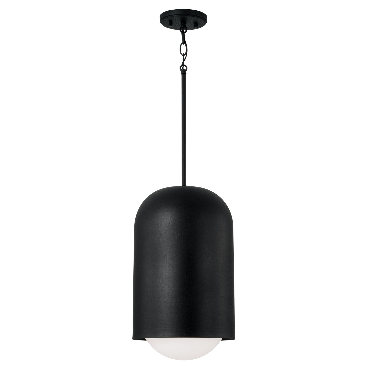 10.25"W x 18"H 1-Light Capsule Arch Pendant in Black Iron with Soft White Glass