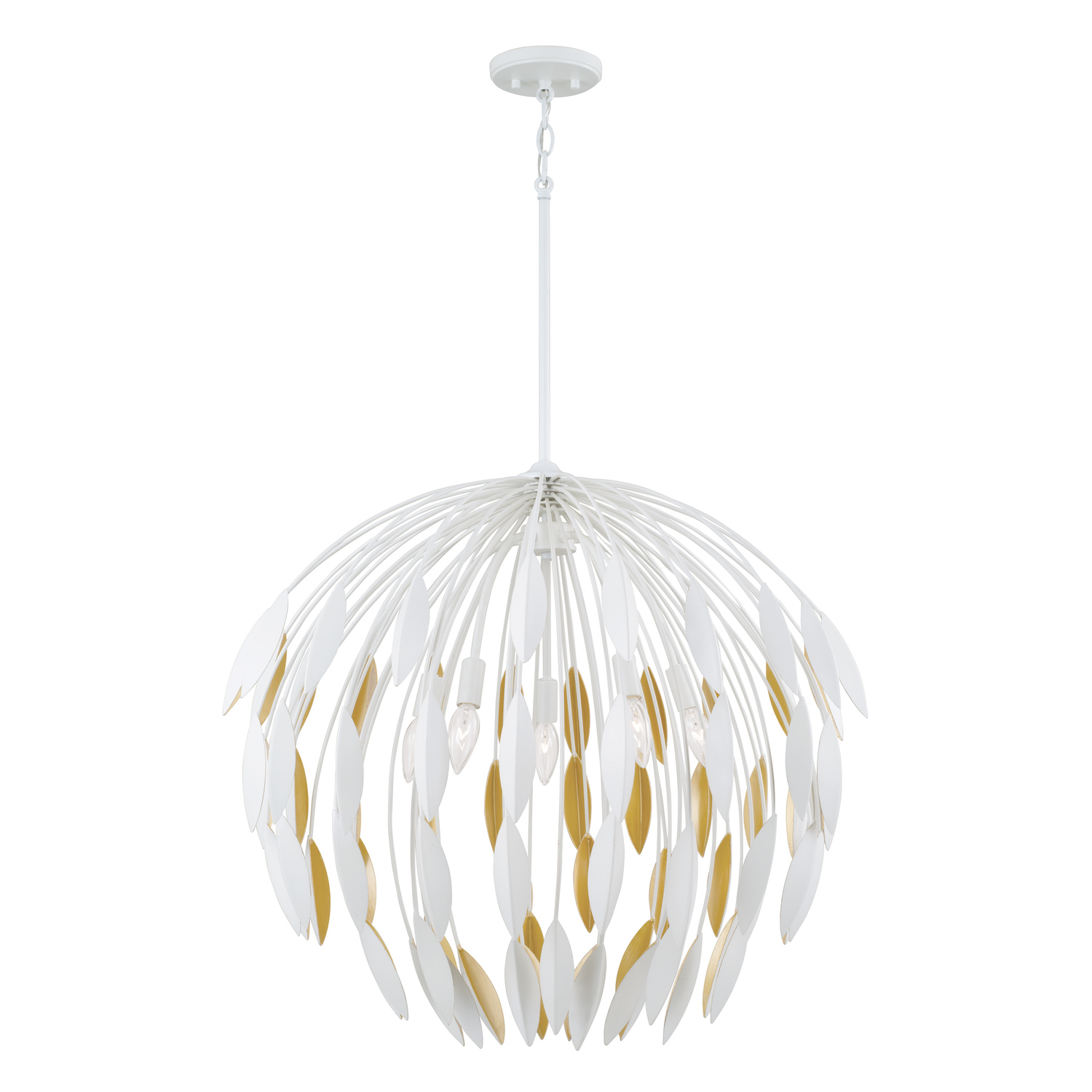 28"W x 25.5"H 5-Light Botanical Pendant in Matte White and Buffed Gold