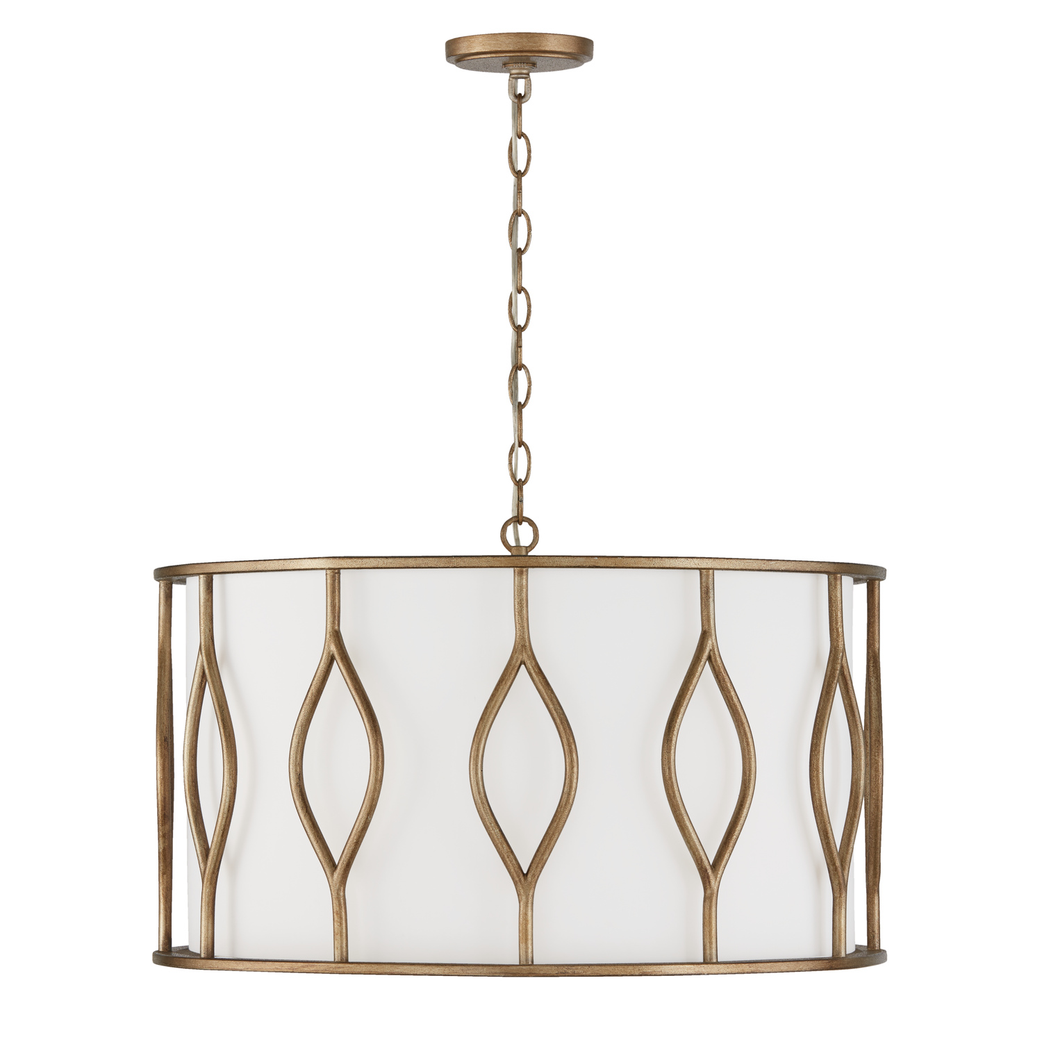 24"W x 14.50"H 4-Light Drum Pendant in Mystic Luster with White Fabric Shade