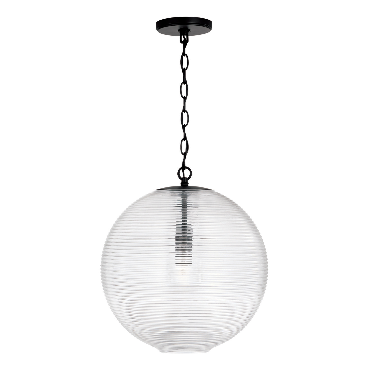 15"W x 16.75"H 1-Light Globe Pendant in Matte Black with Clear Ribbed Glass