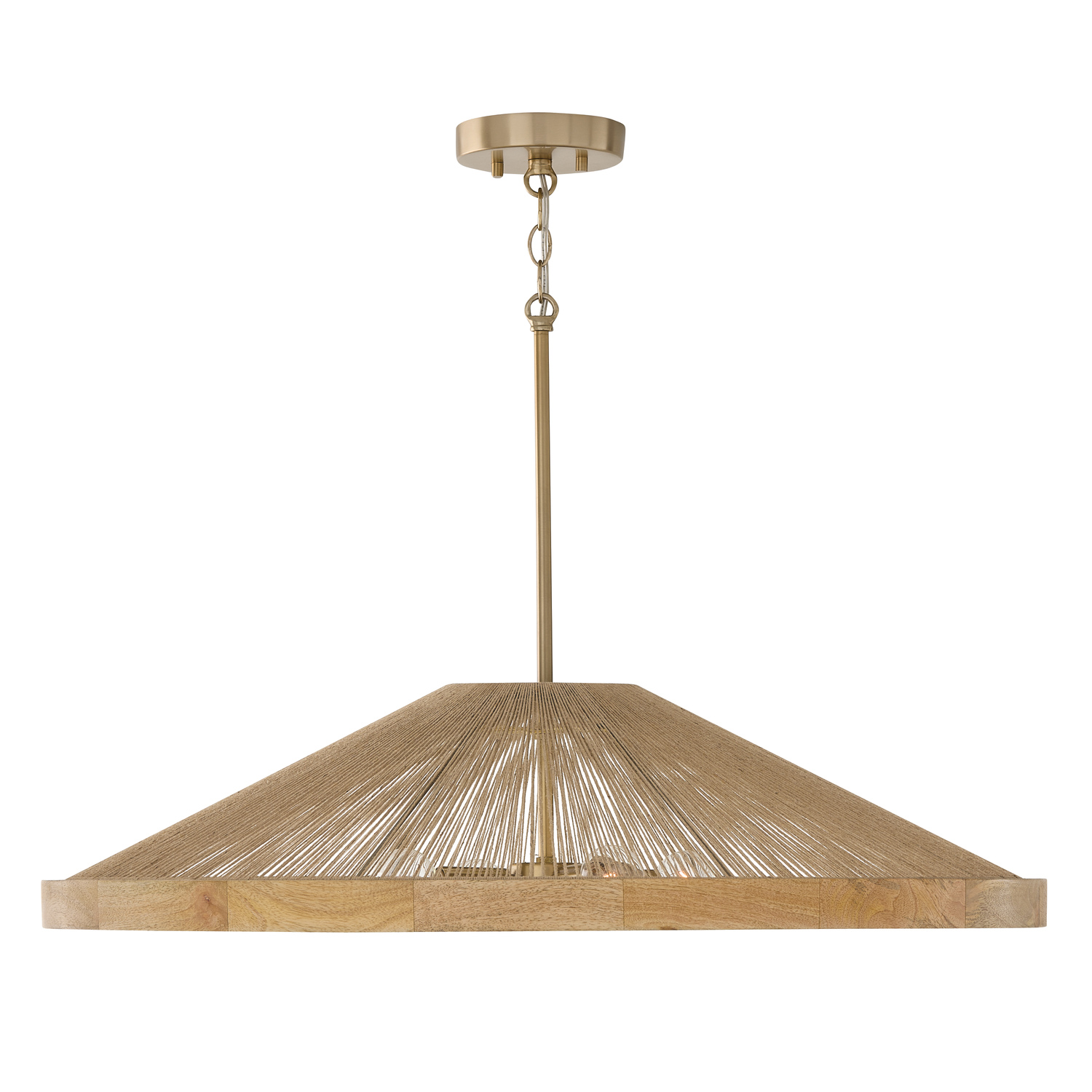 31"W x 7.50"H 4-Light Pendant in Matte Brass with Mango Wood and Handwrapped Natural Jute Rope String