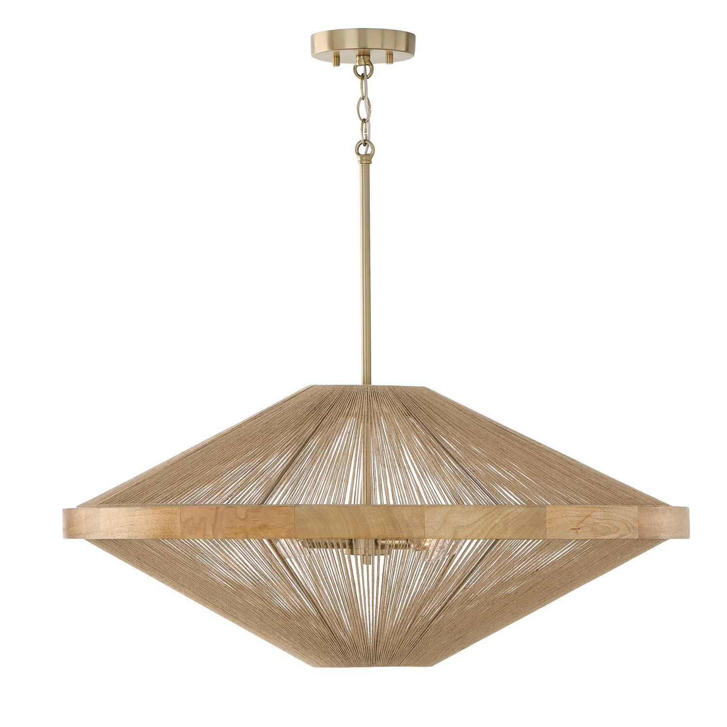31"W x 13.75"H 4-Light Pendant in Matte Brass with Mango Wood and Handwrapped Natural Jute Rope String