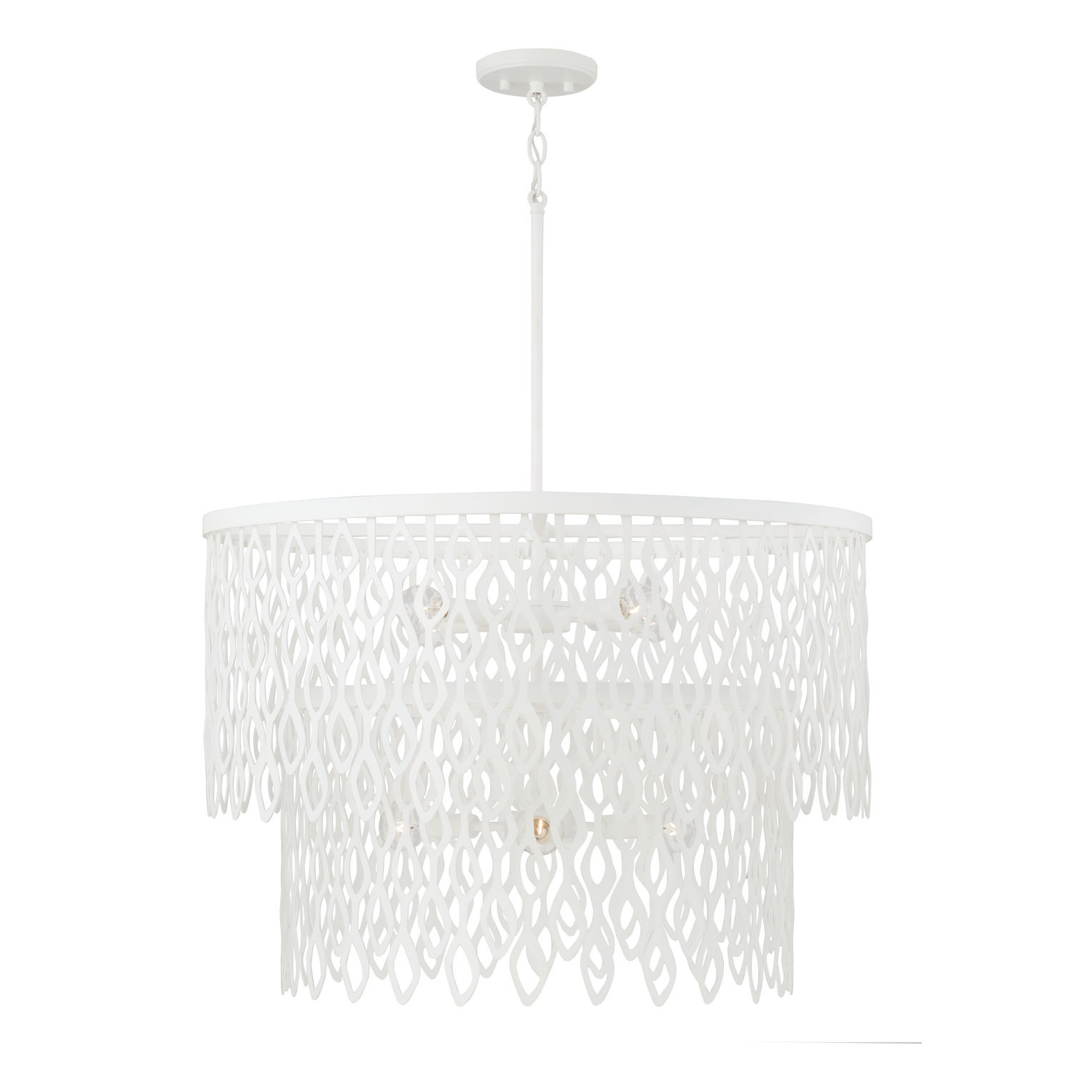 27W x 30.5H 7-Light Lasercut Two-Tier Metal Pendant in Matte White Modern Motif