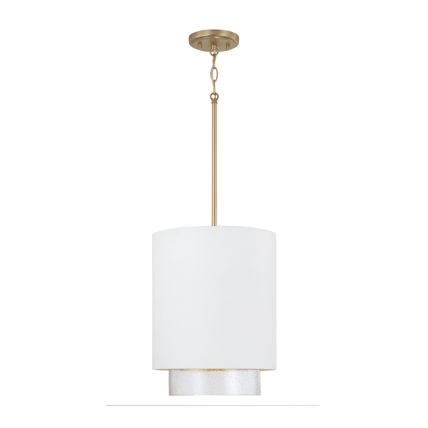 11.50"W x 19.50"H 1-Light Cylindrical Metal Pendant in Matte White with Matte Brass Interior and Seeded Glass