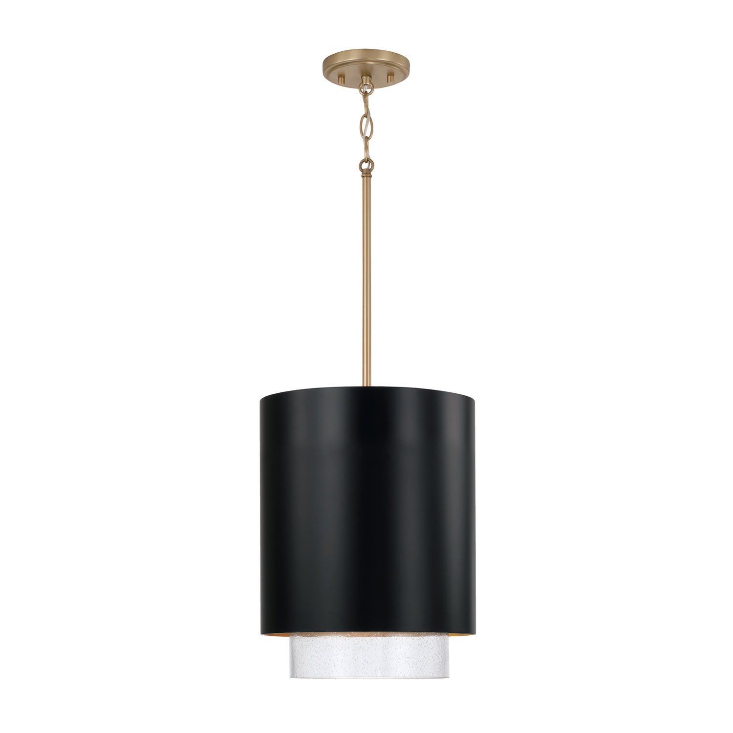 11.50"W x 19.50"H 1-Light Cylindrical Metal Pendant in Matte Black with Matte Brass Interior and Seeded Glass