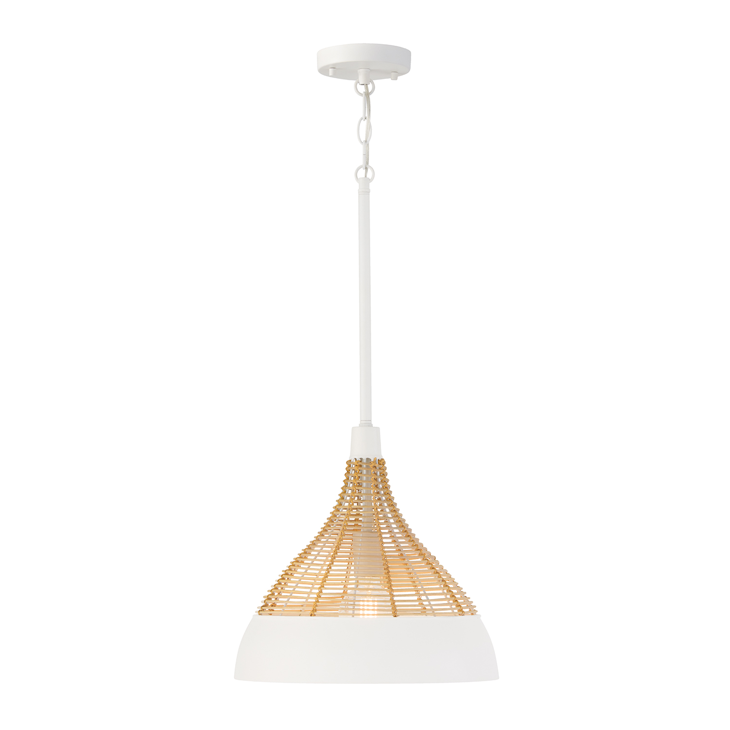 14" W x 13" H 1-Light Boho Pendant in Matte White with Handcrafted Natural Rattan