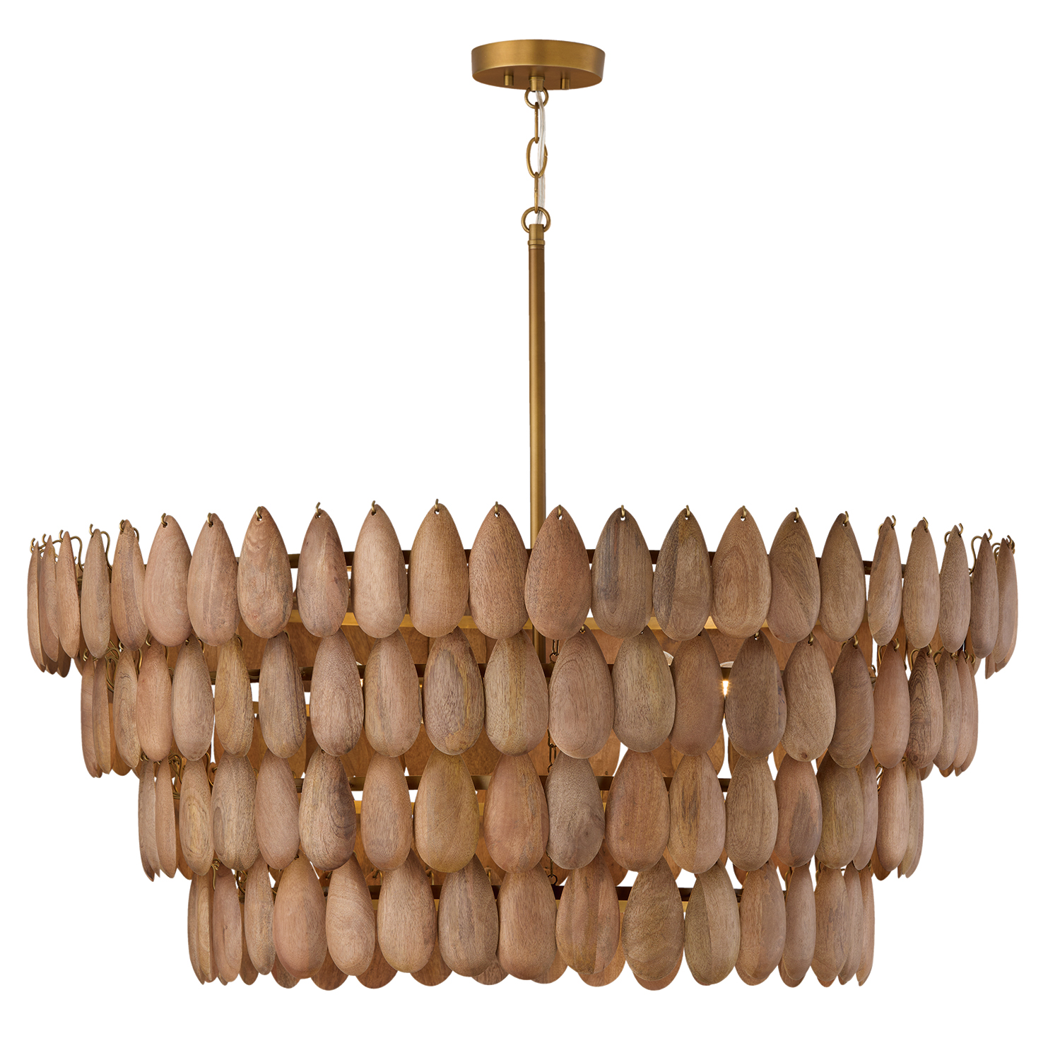 37" W x 13" H 6-Light Pendant in Hand-distressed Patinaed Brass and Handcrafted Mango Wood
