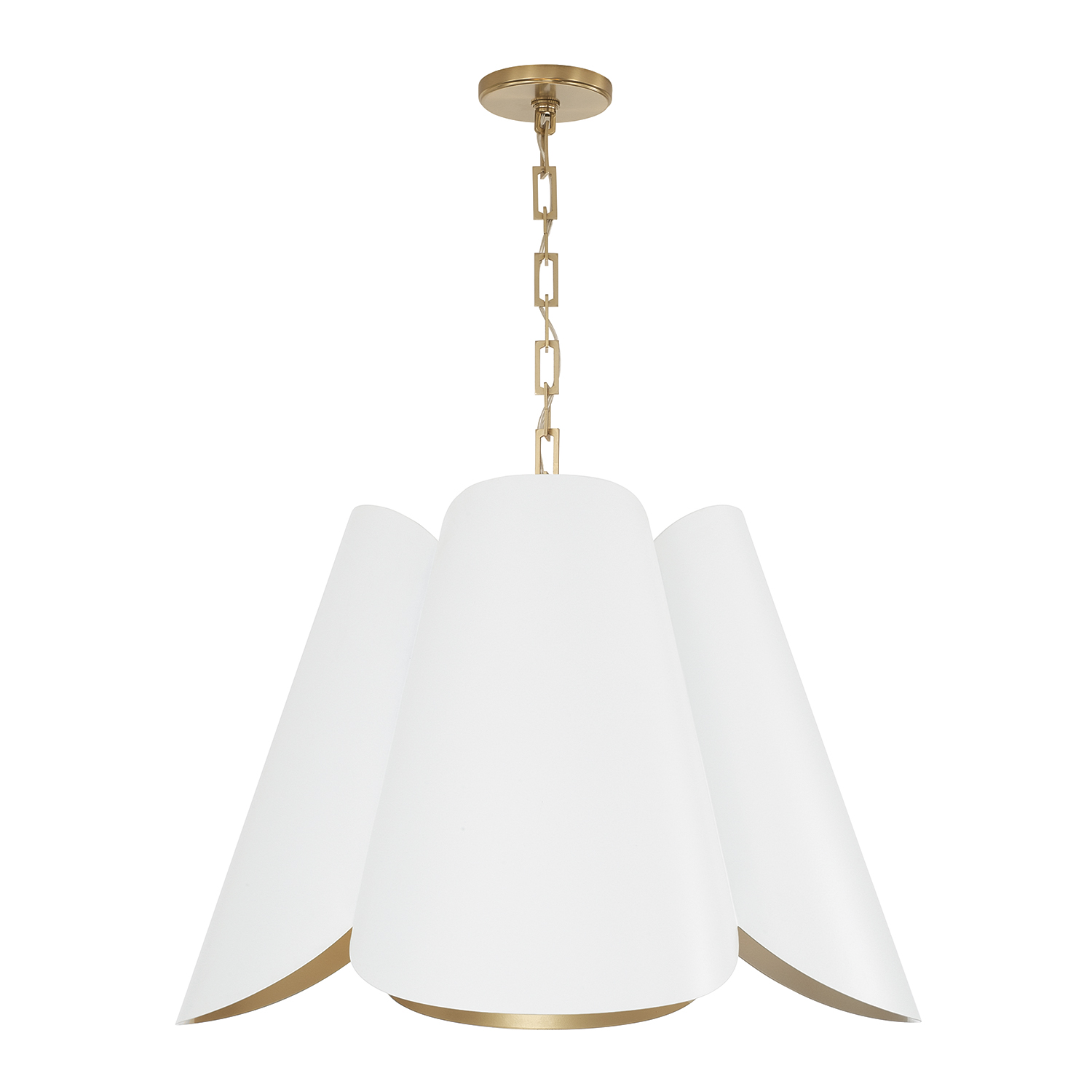 26.75" W x 18.75" H 4-Light Modern Botanical Pendant in Matte White with Painted Matte Brass Interior and Rectangular Designer Chain