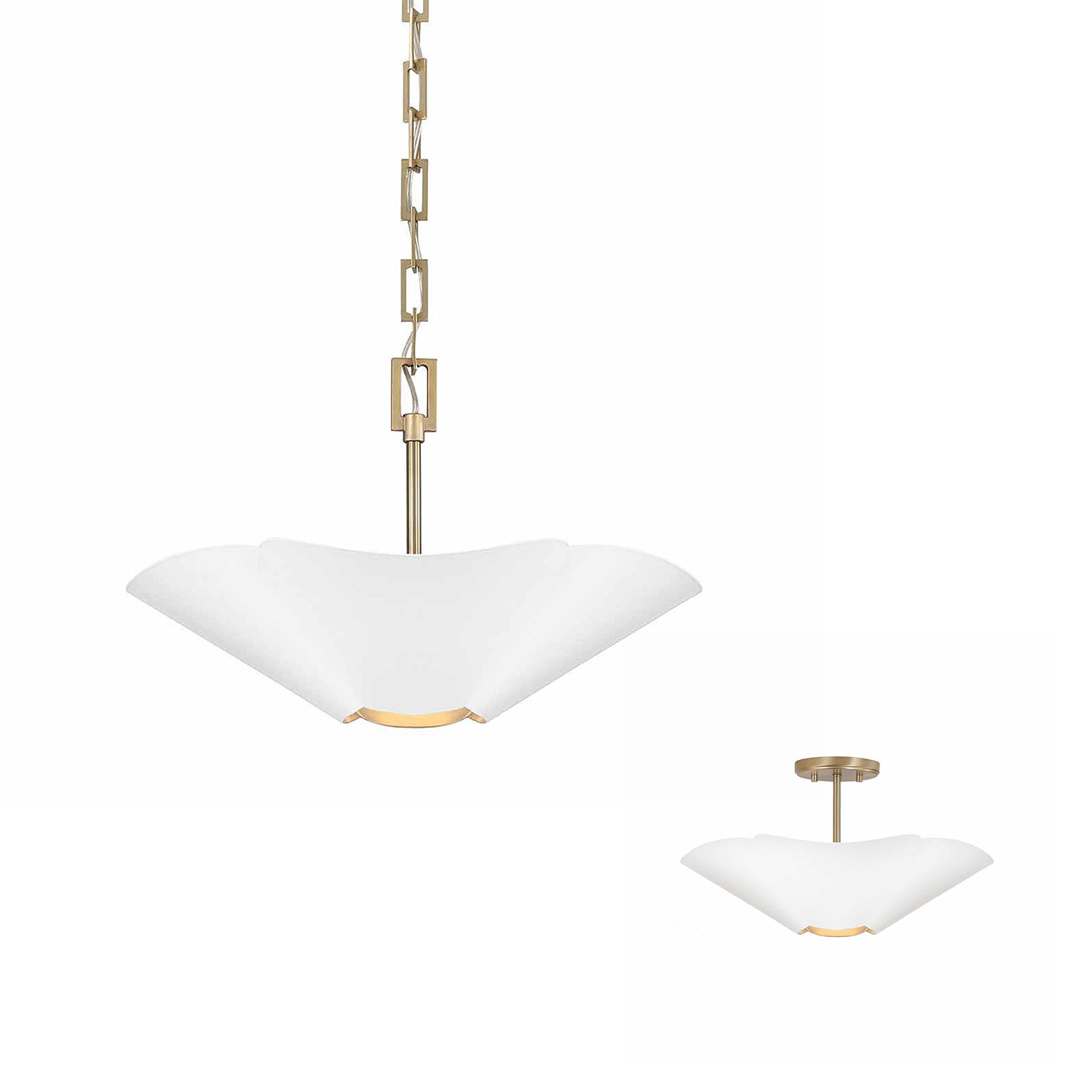 18.75" W x 6.5" H 4-Light Modern Botanical Dual Mount Pendant in Matte White with Painted Matte Brass Interior and Square Designer Chain