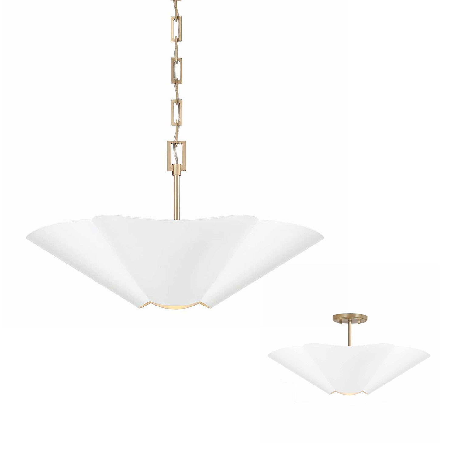 23.5" W x 7.25" H 4-Light Modern Botanical Dual Mount Pendant in Matte White with Painted Matte Brass Interior and Square Designer Chain