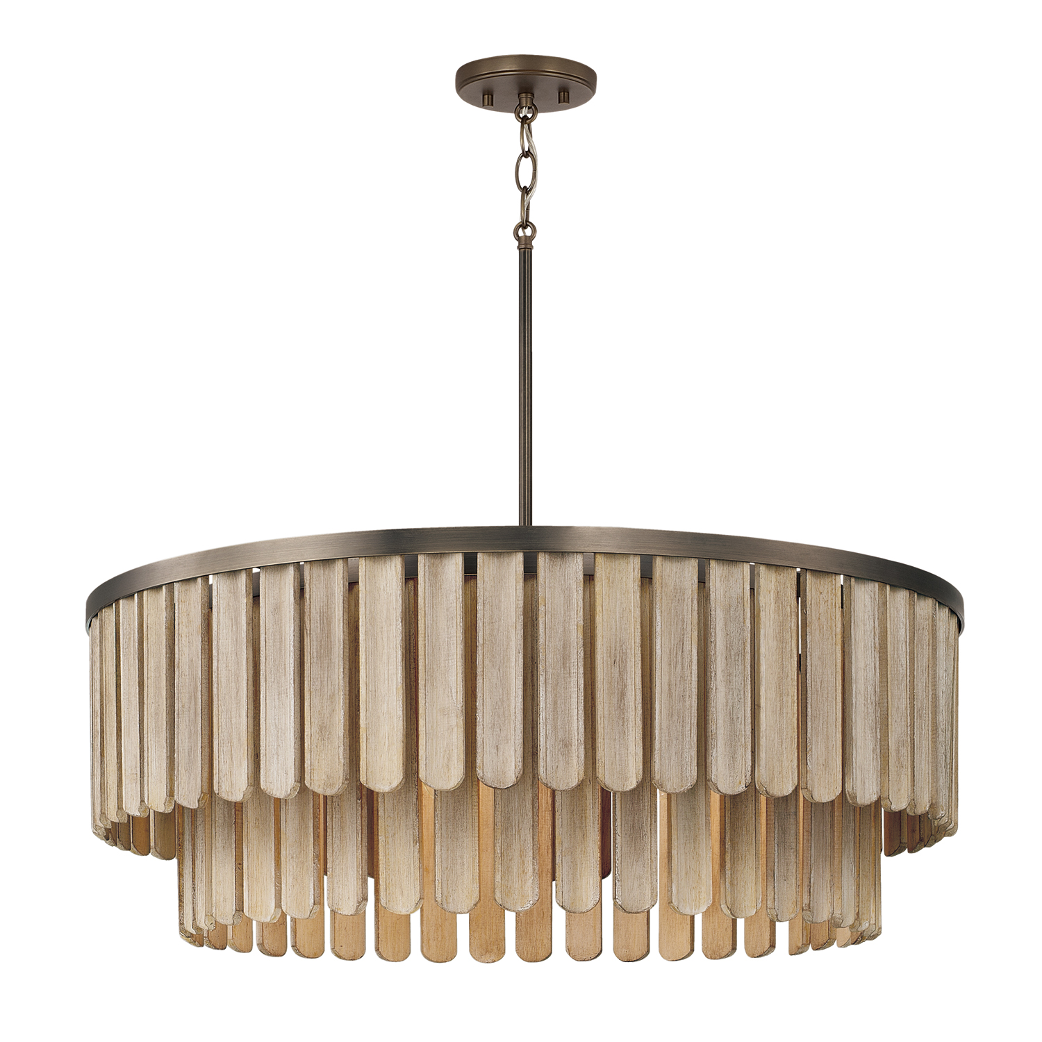 30" W x 11" H 6-Light Pendant in Dark Brass with Handcrafted Mango Wood in Nordic Grey Stain