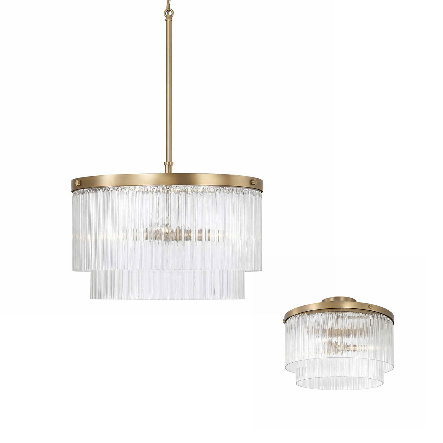 16" W x 11.5" H 3-Light Dual Mount Pendant in Aged Brass with Clear Beveled Fluted Glass