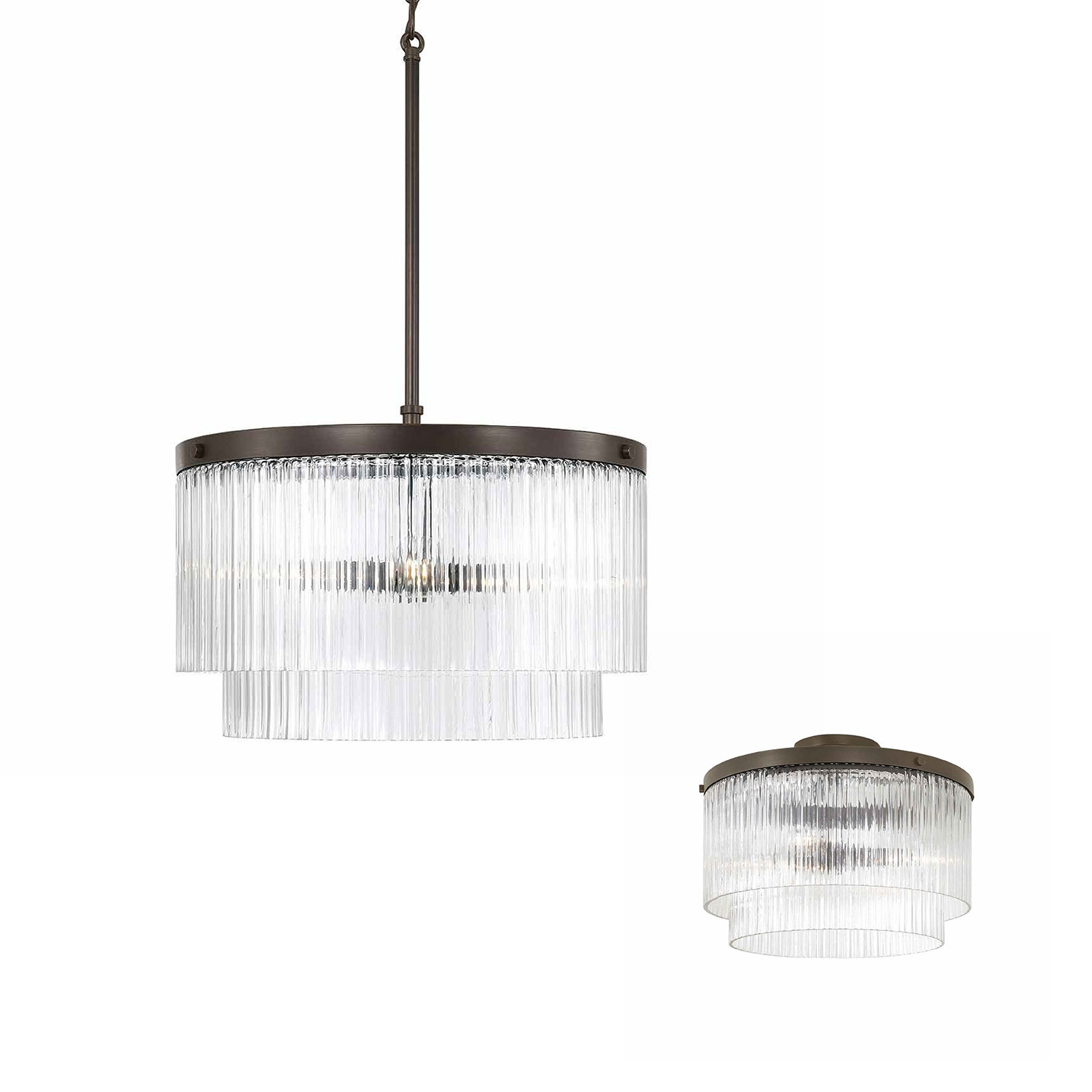 17" W x 11.5" H 3-Light Dual Mount Pendant in Oil Rubbed Bronze with Clear Beveled Fluted Glass