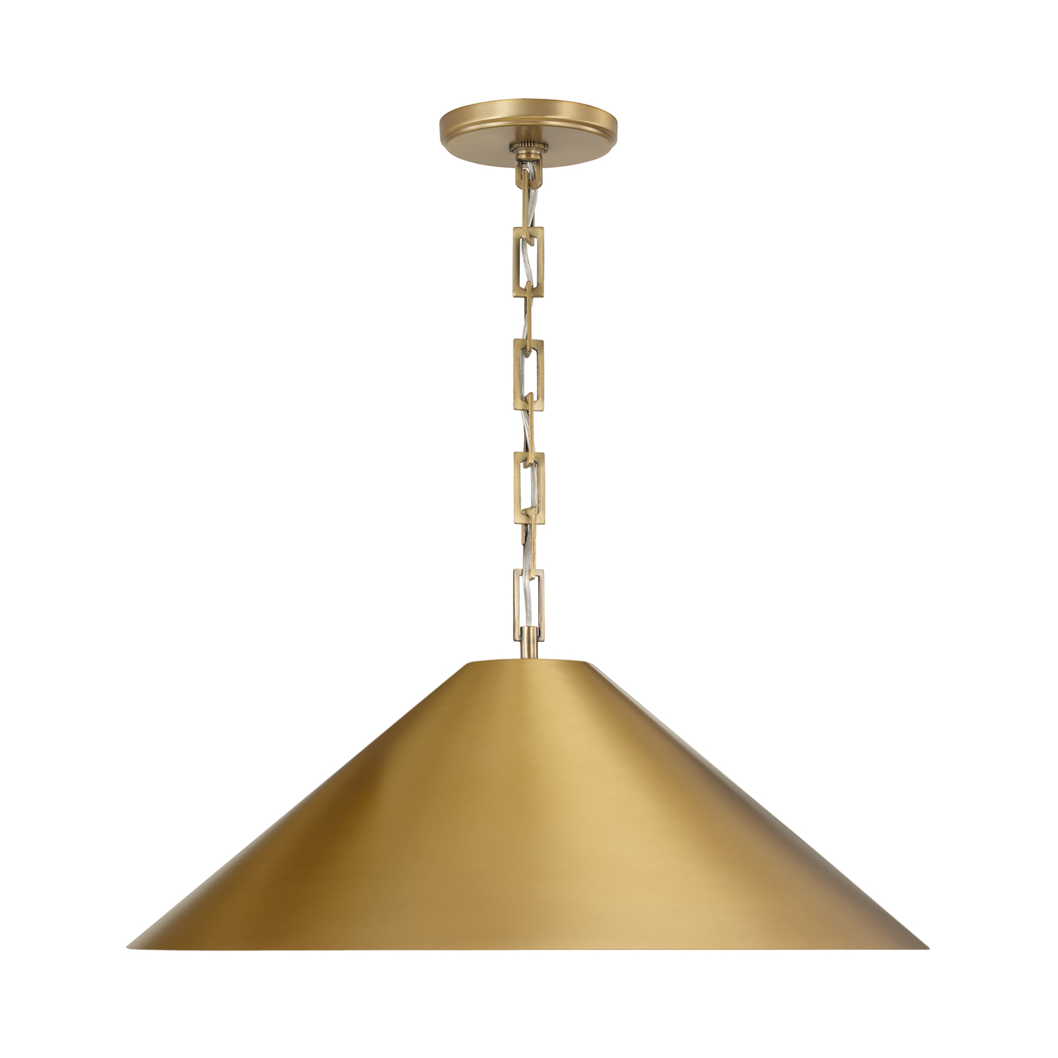 20" W x 8" H 1-Light Metal Cone Pendant in Aged Brass with Painted Brass Interior and Rectangular Designer Chain