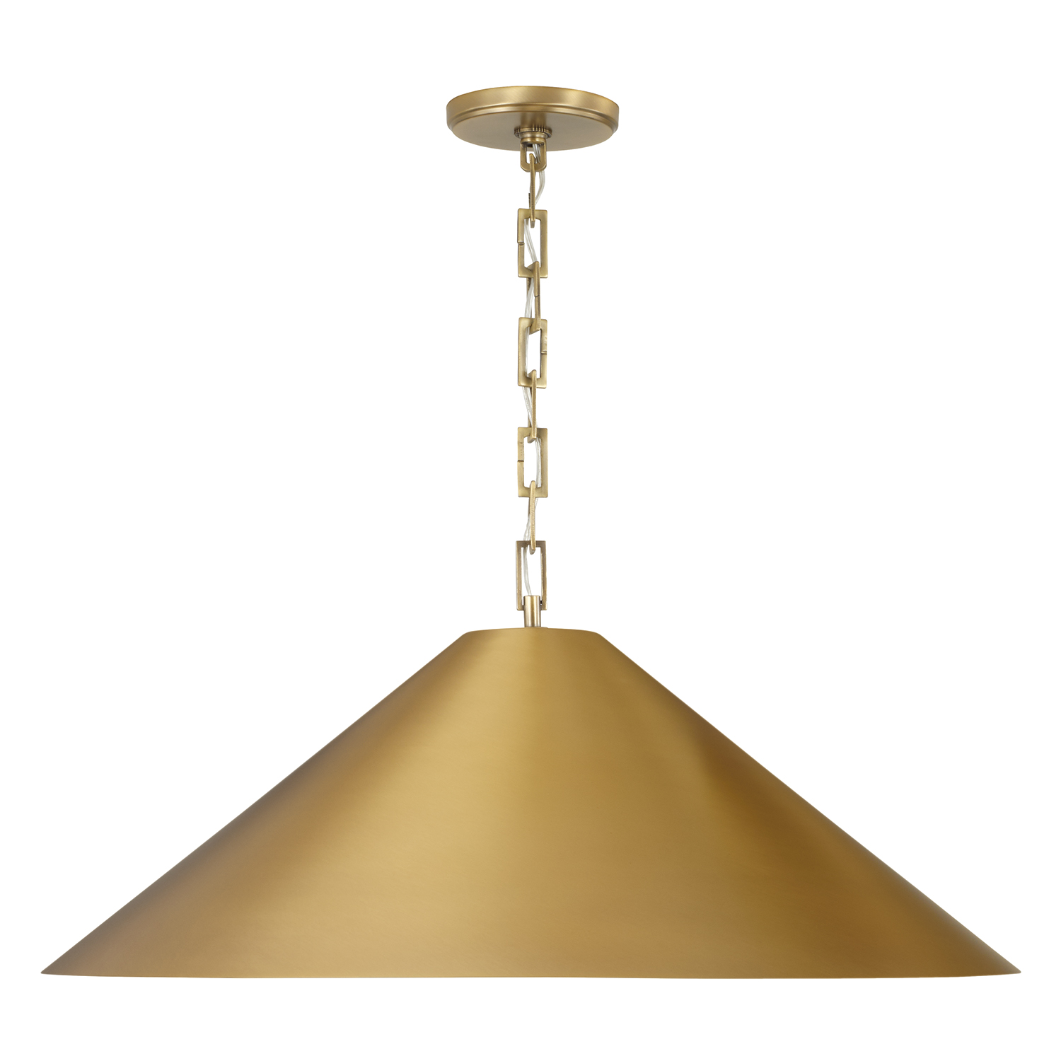 28" W x 10" H 1-Light Metal Cone Pendant in Aged Brass with Painted Brass Interior and Rectangular Designer Chain