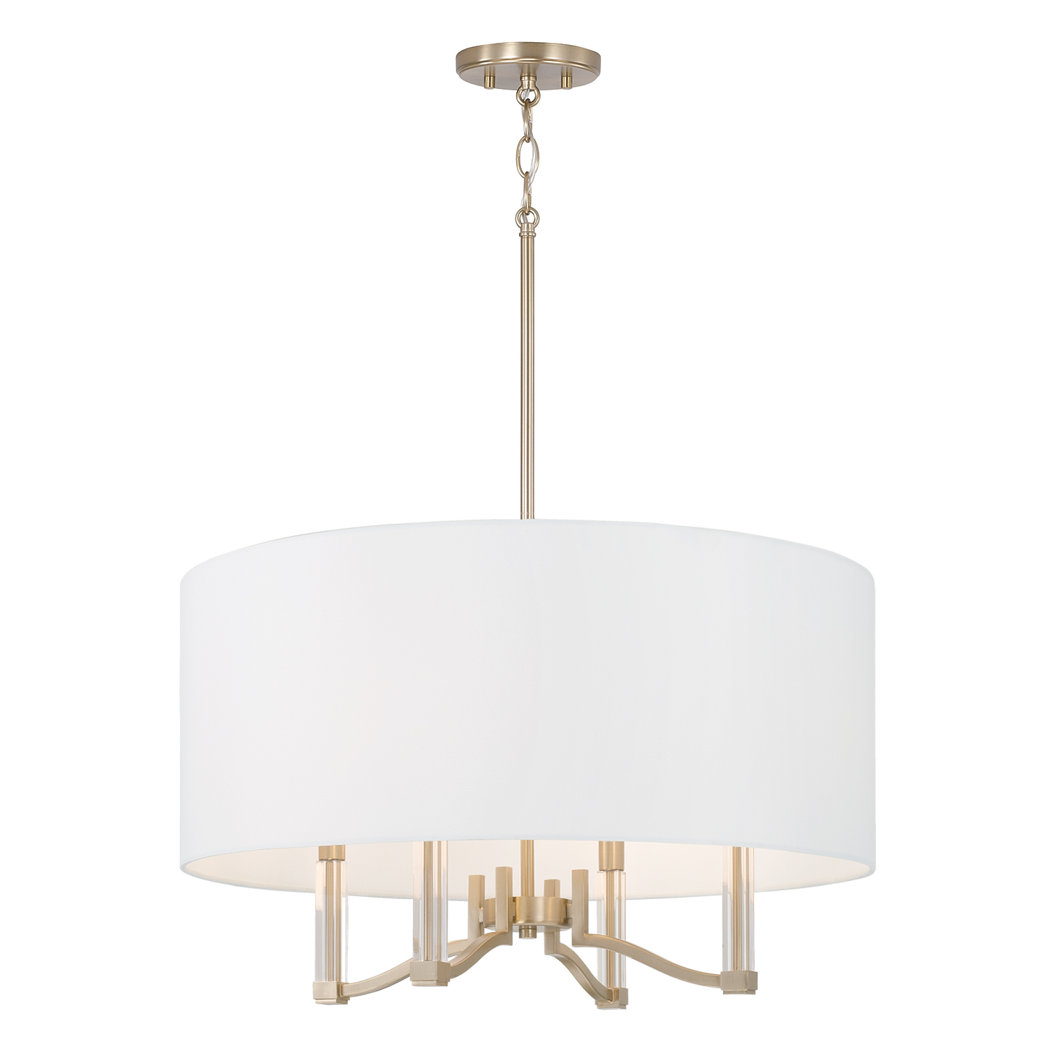 24" W x 14" H 4-Light Pendant in Matte Brass with Clear Acrylic Accents and White Fabric Shade