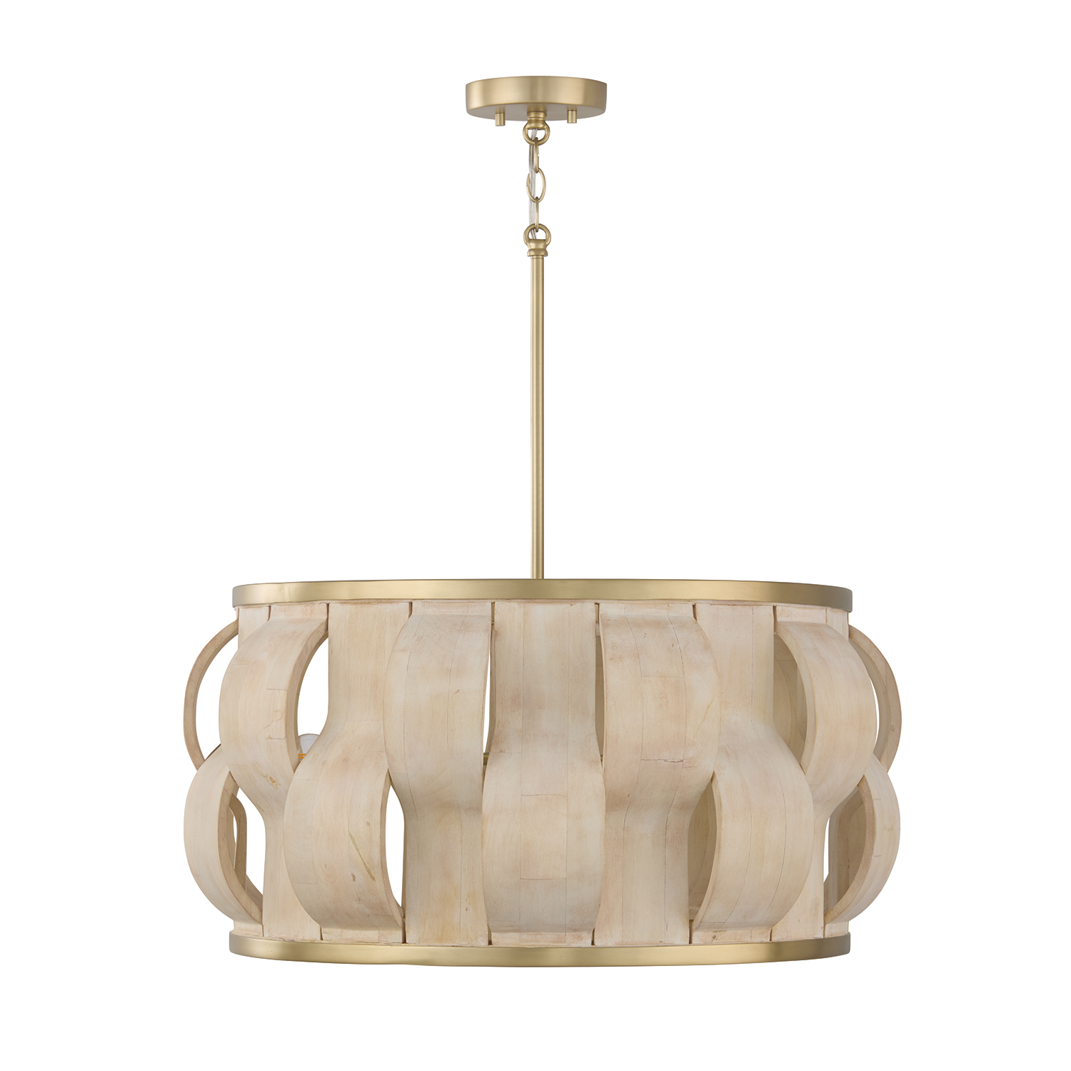 27" W x 13.5" H 4-Light Handcrafted Drum Pendant in Matte Brass with Hand-carved Bleached Mango Wood Panels